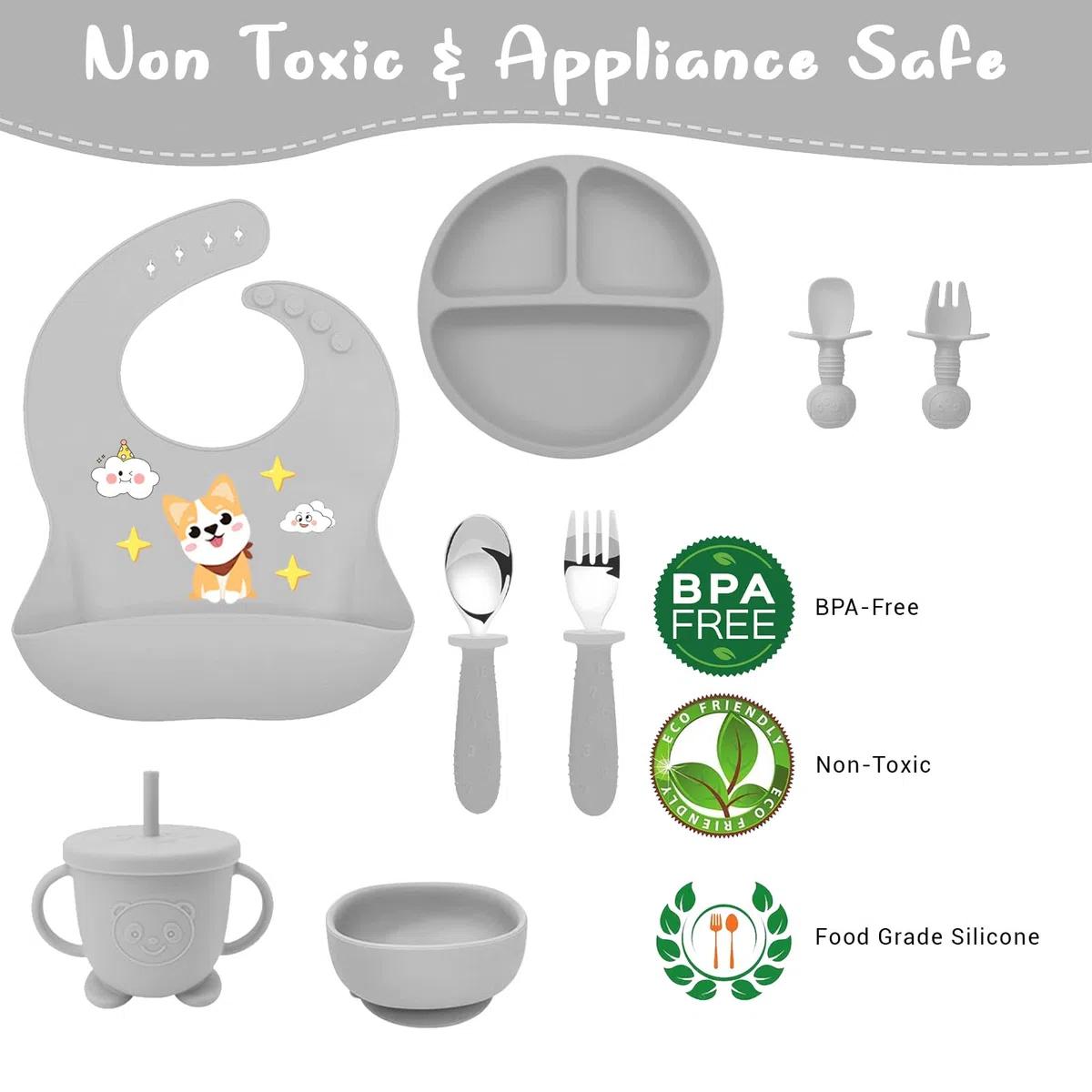 Set Pappa per Bambini 10 Pezzi Svezzamento Completo, Piatto e Ciotola in Silicone con Ventosa Antiscivolo, Cucchiaio Forchetta Bavaglino, Stoviglie Sicure per Neonati e Bambini