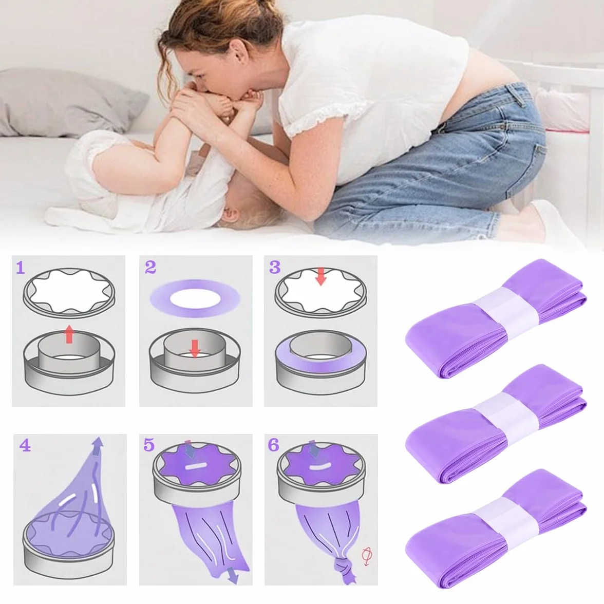 12 scatole di ricarica per pannolini, pattumiera per pannolini, antiodore, spessore 4,5 m (viola), compatibile con Tommee Tippee, Angelcare, LitterLocker, germoglio