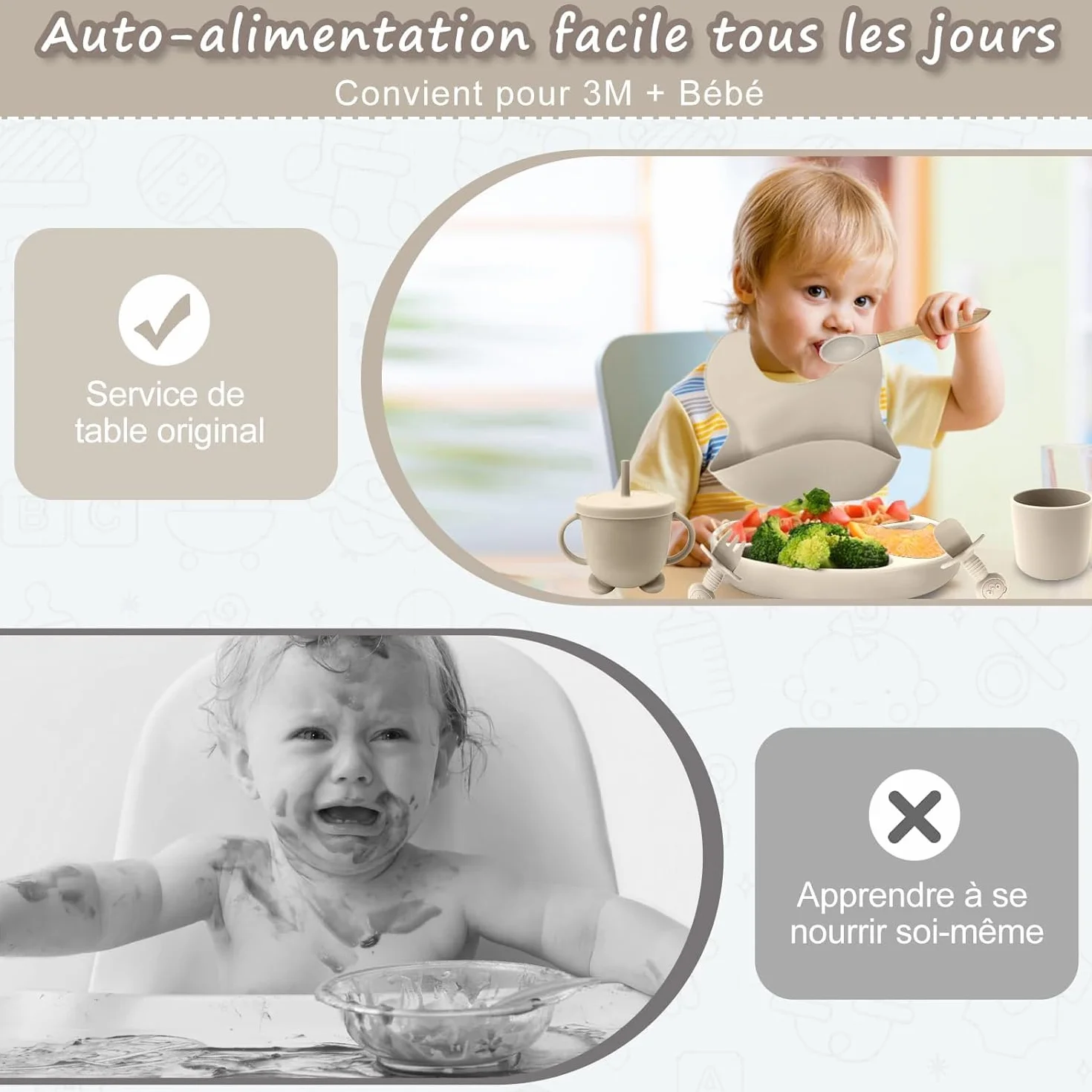 Set Pappa Svezzamento, Set di 12 Piatti per Bambini,Ventosa Ciotola e Cucchiaino per Neonati, Bavaglino in Silicone, Set di Posate per Bambini per Lo Svezzamento e L'Alimentazione
