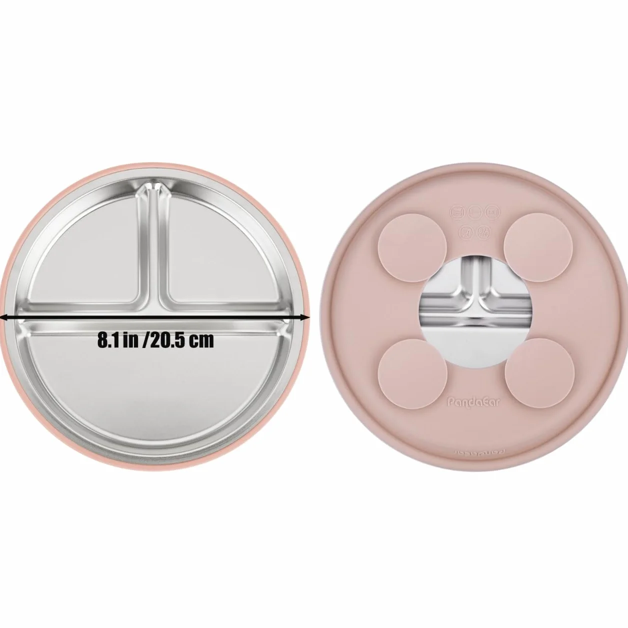 PandaEar Set Pappa Inox per Bambini | 2 Piatti con Ventosa Divisi, 2 Bicchieri Antigoccia con Cannuccia e Rivestimento in Silicone, 2 Forchette e 2 Cucchiai | Senza BPA (Rosa)