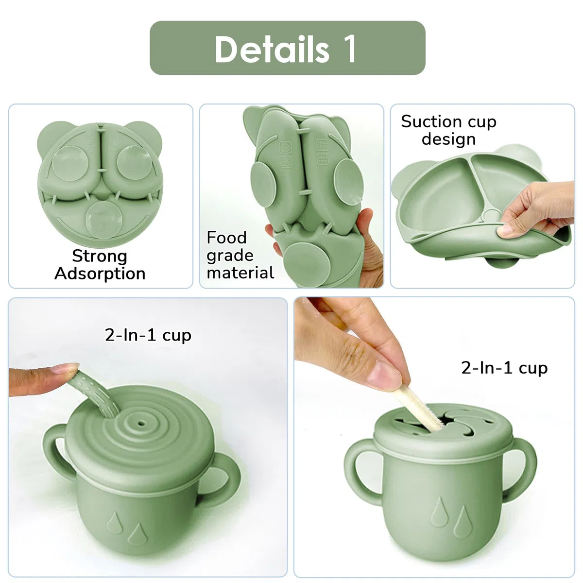 14 Pezzi Set Pappa Svezzamento, Svezzamento Set Silicone Piatto con Ventosa Piatto Ciotola Tazza Bavaglino Cucchiaio Forchetta, Set di Posate per Bambini per Lo Svezzamento e L'Alimentazione (Verde1)