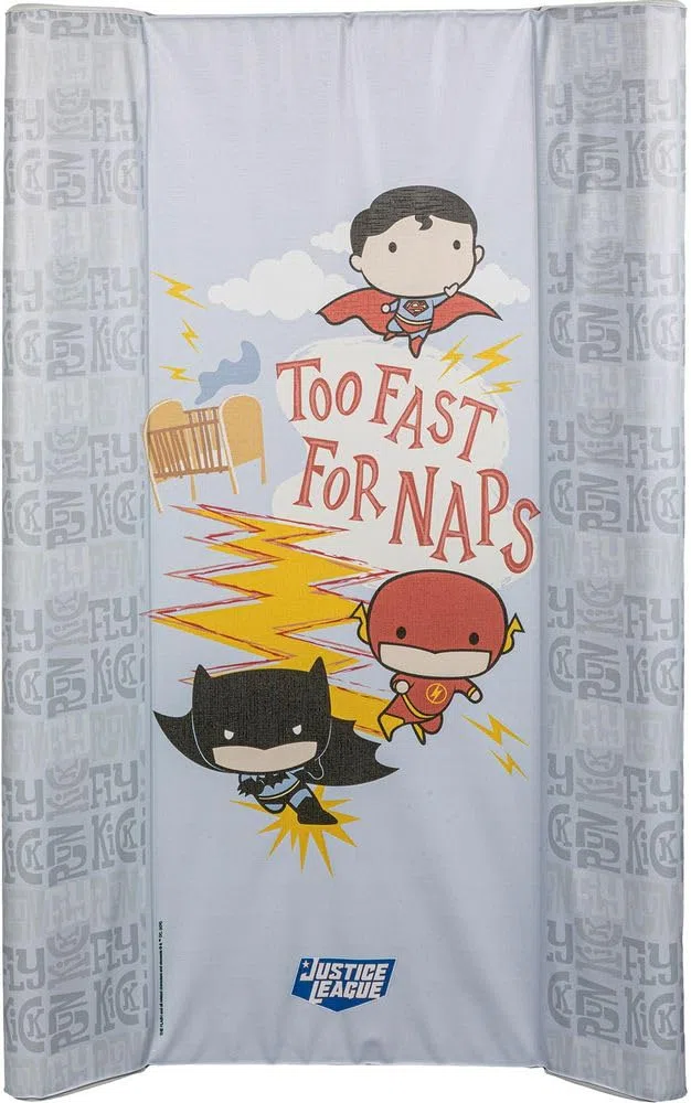 Dc Comics Justice League piano cambio con sponde, e grafiche dei supereroi Spiderman, Flash e Batman, materassino fasciatoio da tavolo per bambini, misure 81x50x9,5 cm