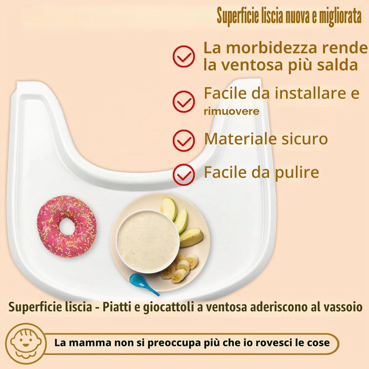 Stokke Tripp Trapp per seggiolone con superficie liscia e forte aspirazione, realizzato in plastica per uso alimentare (senza piombo e ftalati)