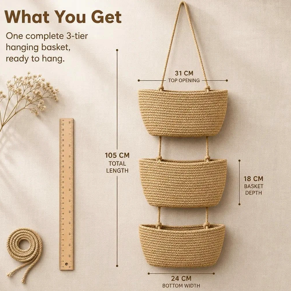 Organizer da appendere per porta e parete, cestino sospeso a 3 piani in corda di cotone intrecciata, sistema di archiviazione decorativo per bagno, cameretta dei bambini e camera da letto (B-khaki)