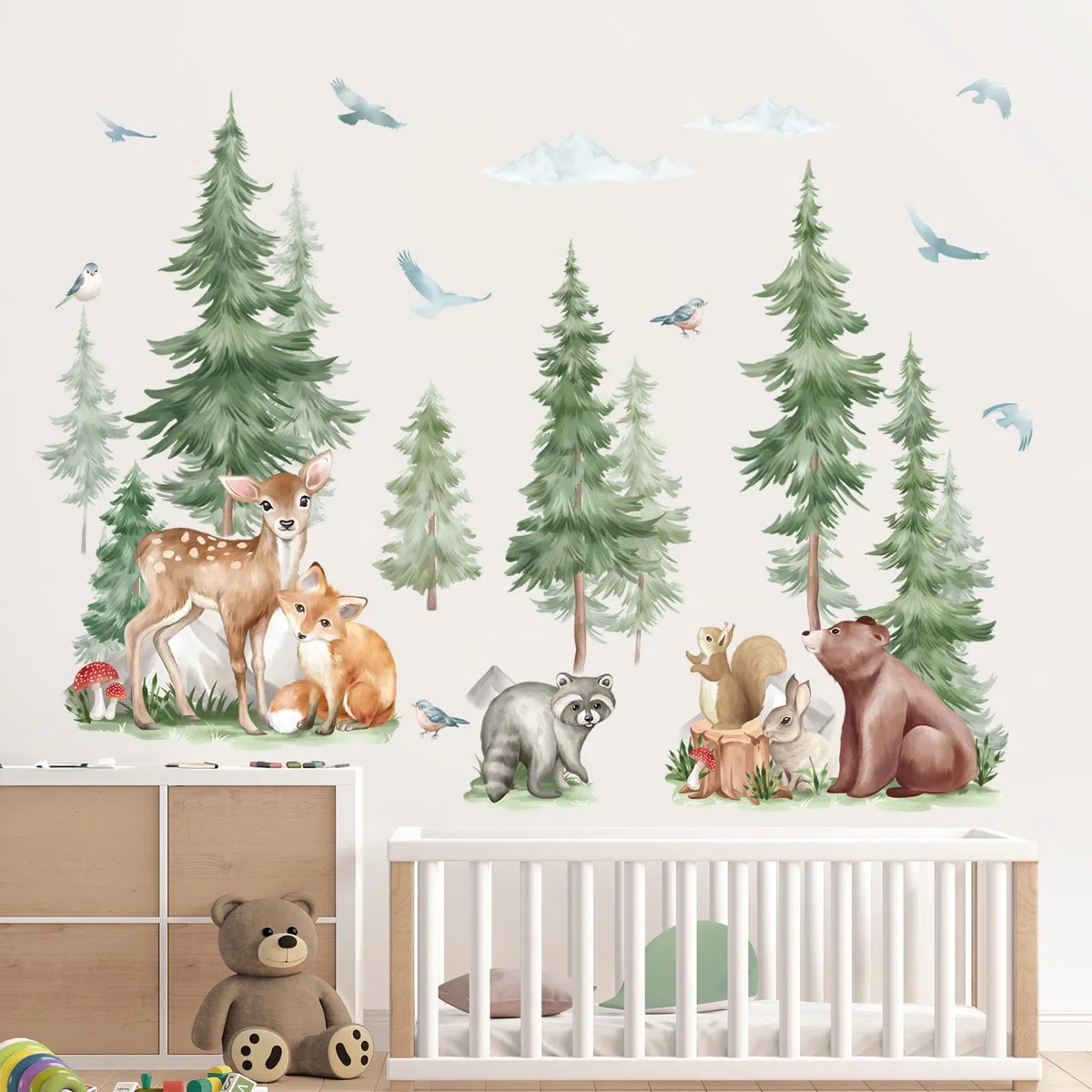 wondever Adesivi Murali Animali Foresta Albero Grande Sticker da Muro Cervo Orso Volpe Montagna Adesivi da Parete per Camerette Bambini Asilo Nido