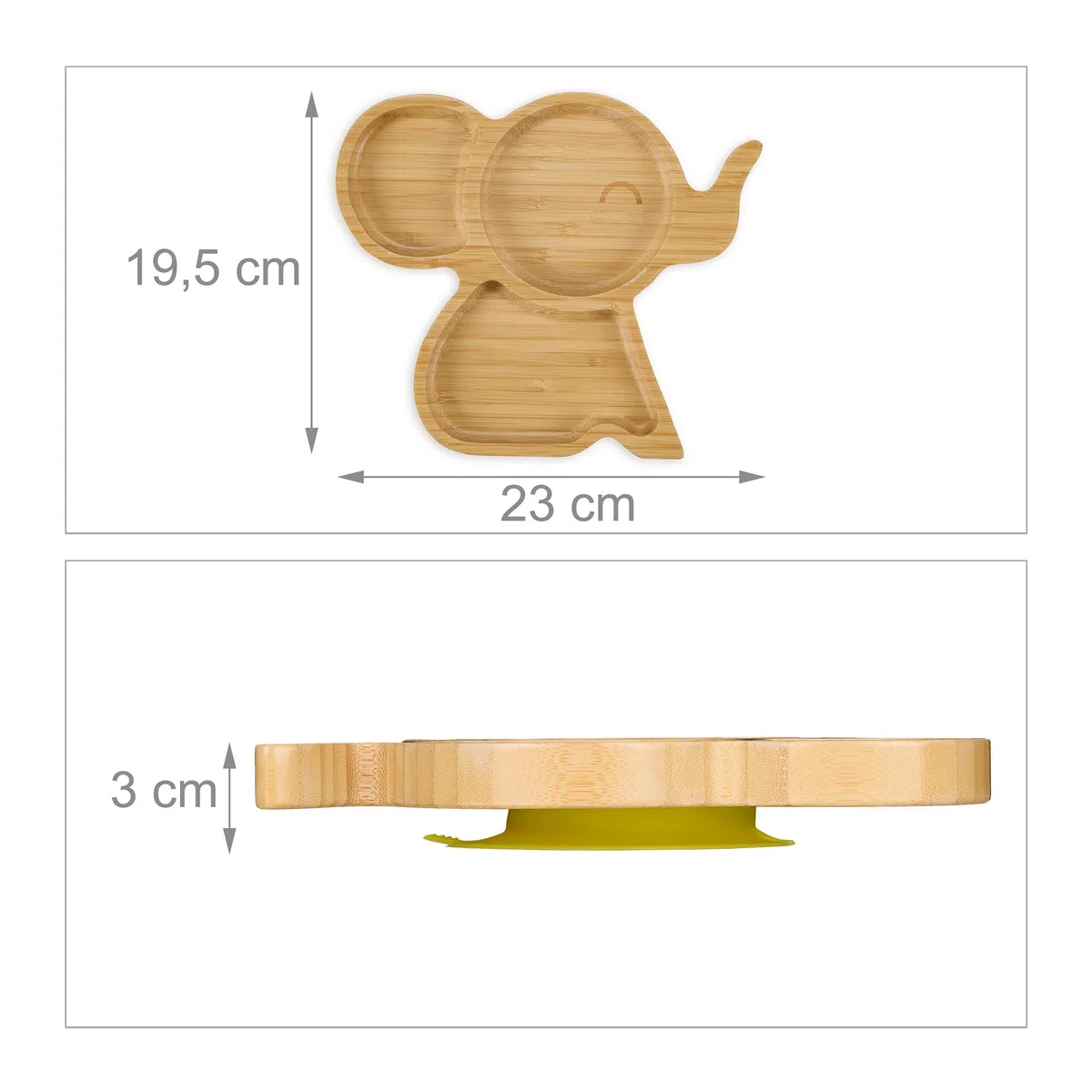 Relaxdays Piatto con Ventosa per Bambini, Piattino Pappa Svezzamento Neonati, 3 Scomparti Forma Elefante bambù, Naturale