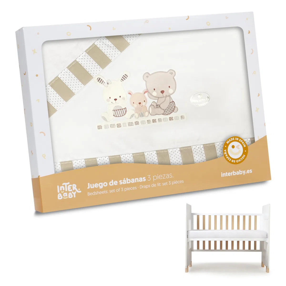Interbaby Set Di 3 Lenzuola In Cotone Per Culla - Modello: Love In Beige - 700 g