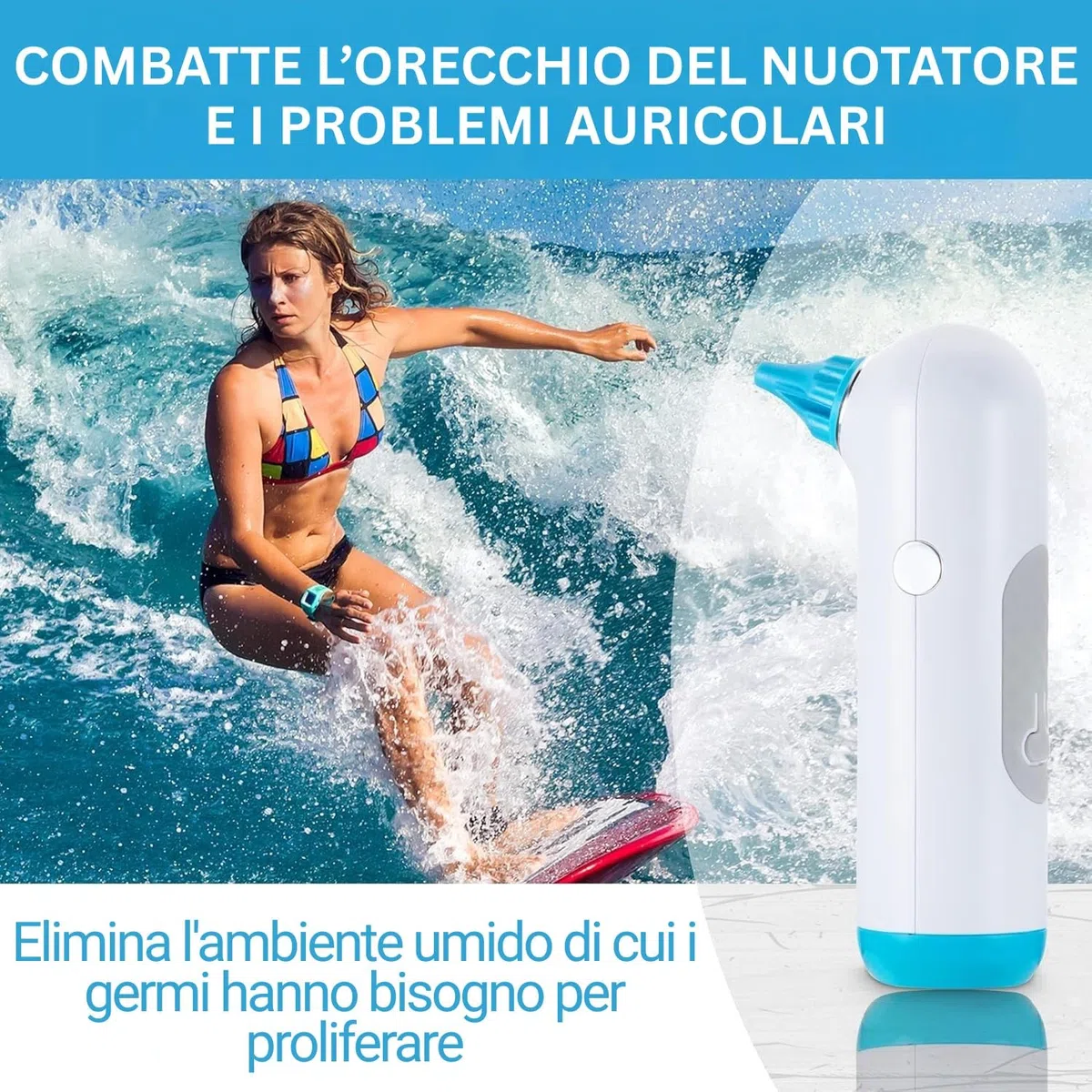 Asciugatore Elettrico per Orecchie di Tilcare - Asciugatore per Orecchie Ricaricabile per Nuotare, Fare la Doccia - Con 3 Punte per Asciugare le Orecchie e Custodia per il Trasporto