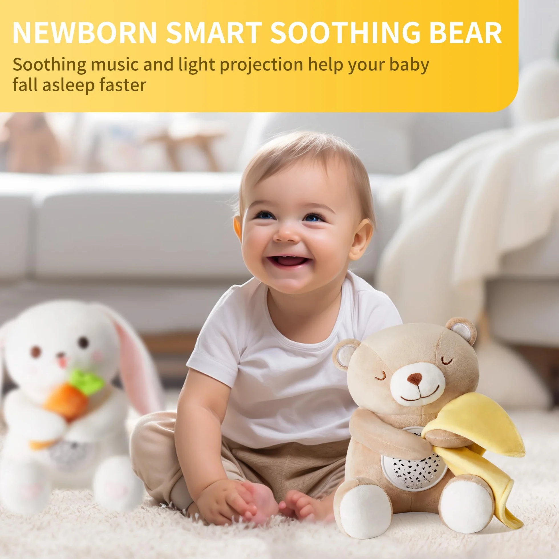 APUNOL Carillon Neonati, Peluche per Nanna, Luce Notturna Bambini Ricaricabile USB Regalo Neonate Giocattolo Teddy con Sensore di Pianto, Proiettore Stele e Rumori Bianchi