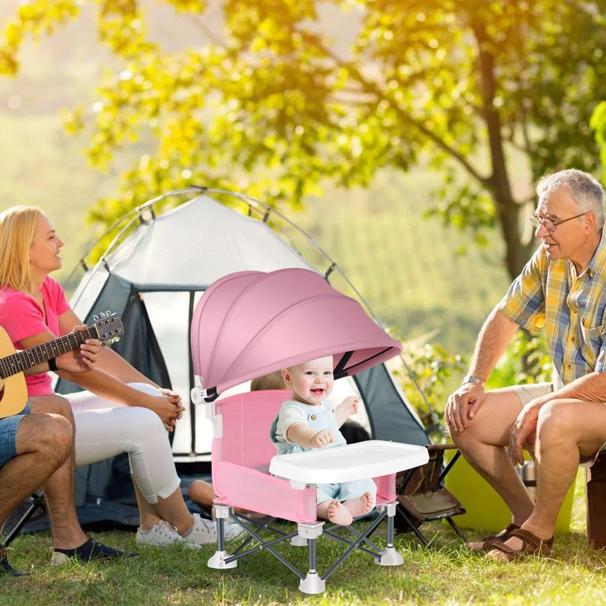 Seggiolino Pieghevole Per Bambini, Seggiolino da Viaggio con Vassoio per Pasti, Sedia Pieghevole Per Bambini Con Parasole Per Spiaggia Giardino Casa Campeggio Picnic Esterno
