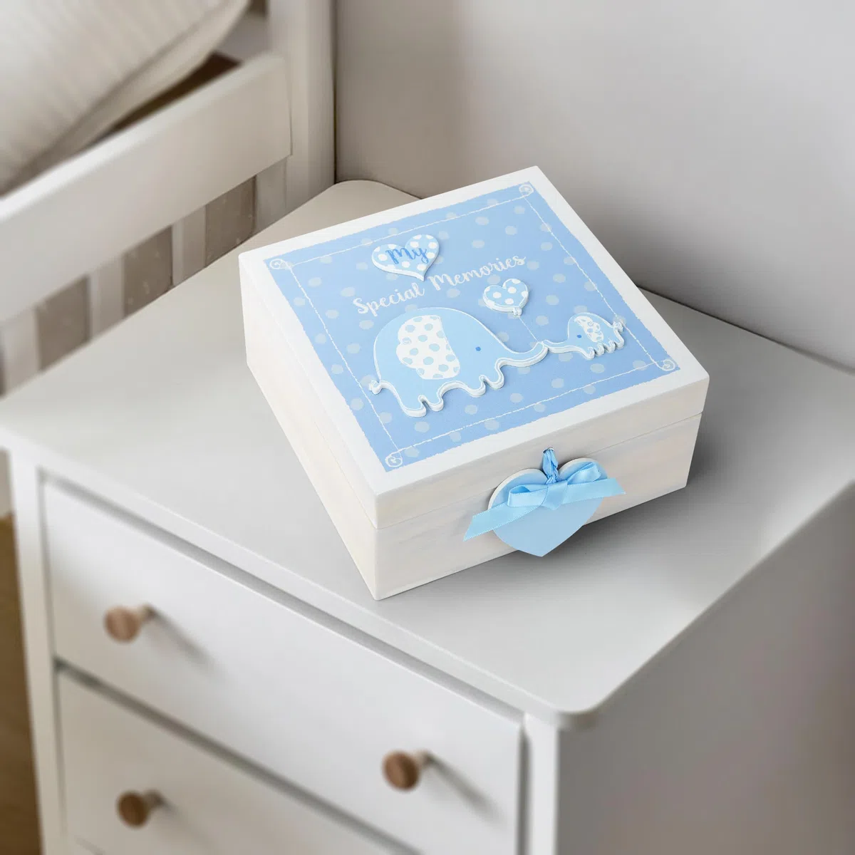 Mousehouse Gifts - cofanetto portaoggetti in legno con elefantino - bambino - azzurro