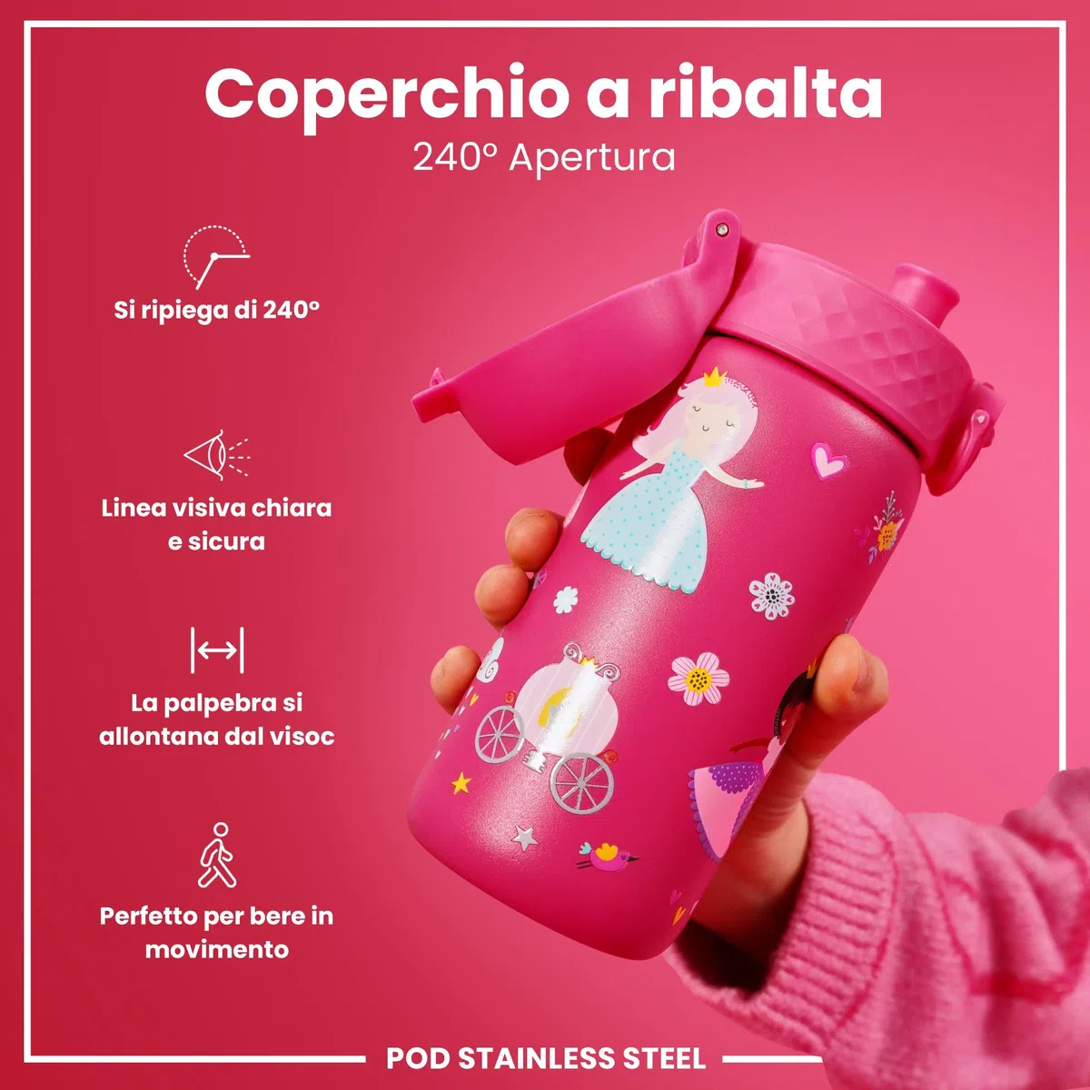 Ion8 Borraccia Inox Leggero per Bambini, 400ml, Non Isolato, a Prova di Perdite, Facile da Aprire, Serratura Sicura, Lavabile in Lavastoviglie, Facile Pulizia, Durevole e Antigraffio, Principessa