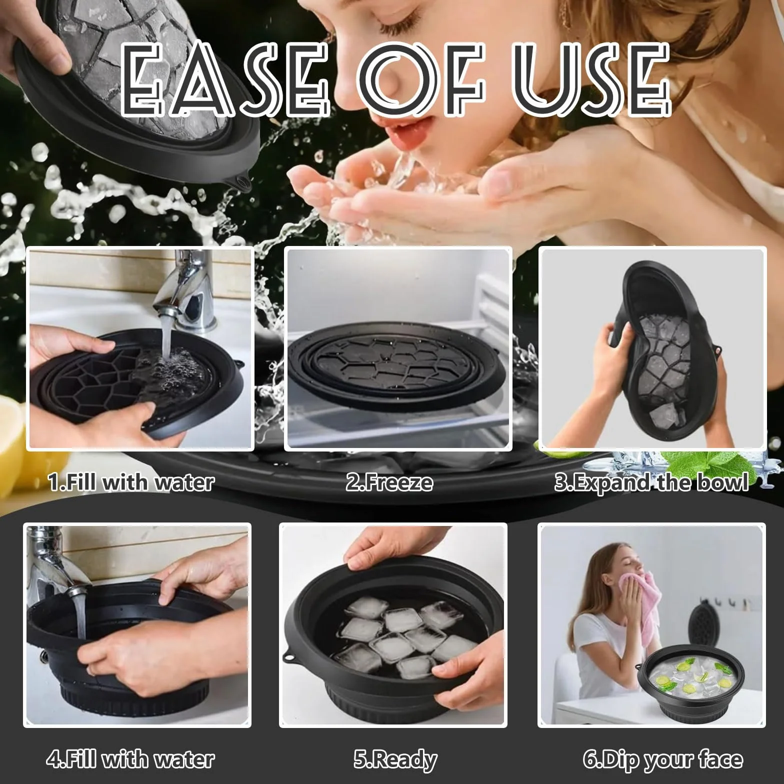 Ciotola per Il Viso con vano Integrato per Il Ghiaccio, Silicone Pieghevole, Ciotola per Immersione facciale per tonificare la Pelle e ridurre l'acne (Nero)