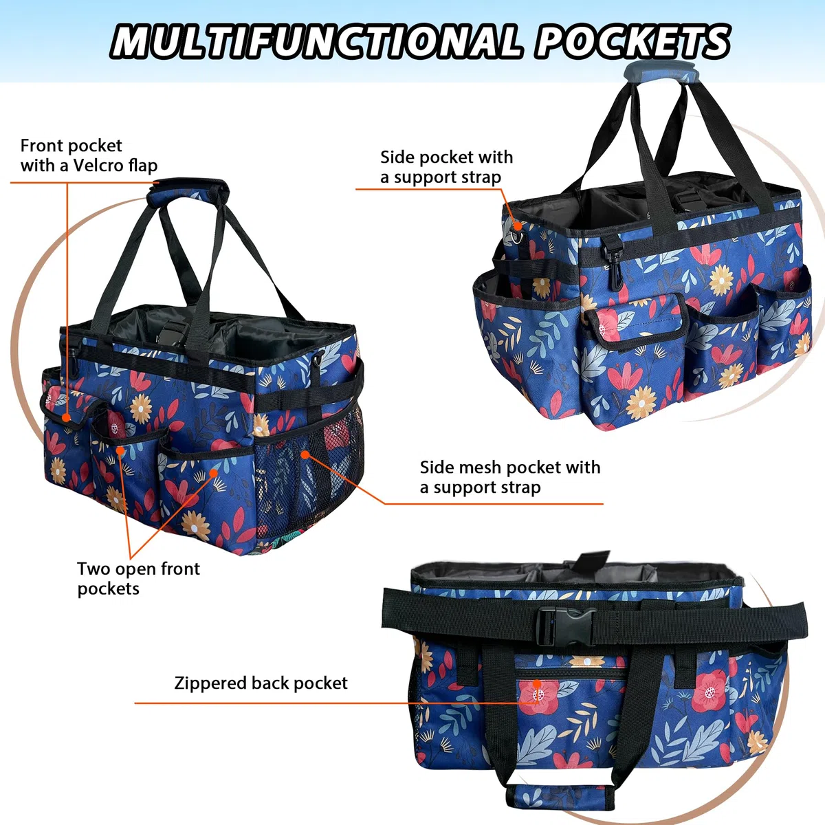 Borsa portaoggetti per la pulizia, organizer per la pulizia con manico, grande borsa per la pulizia di casa, auto e bagno, borsa per le pulizie con spallacci regolabili (blu)