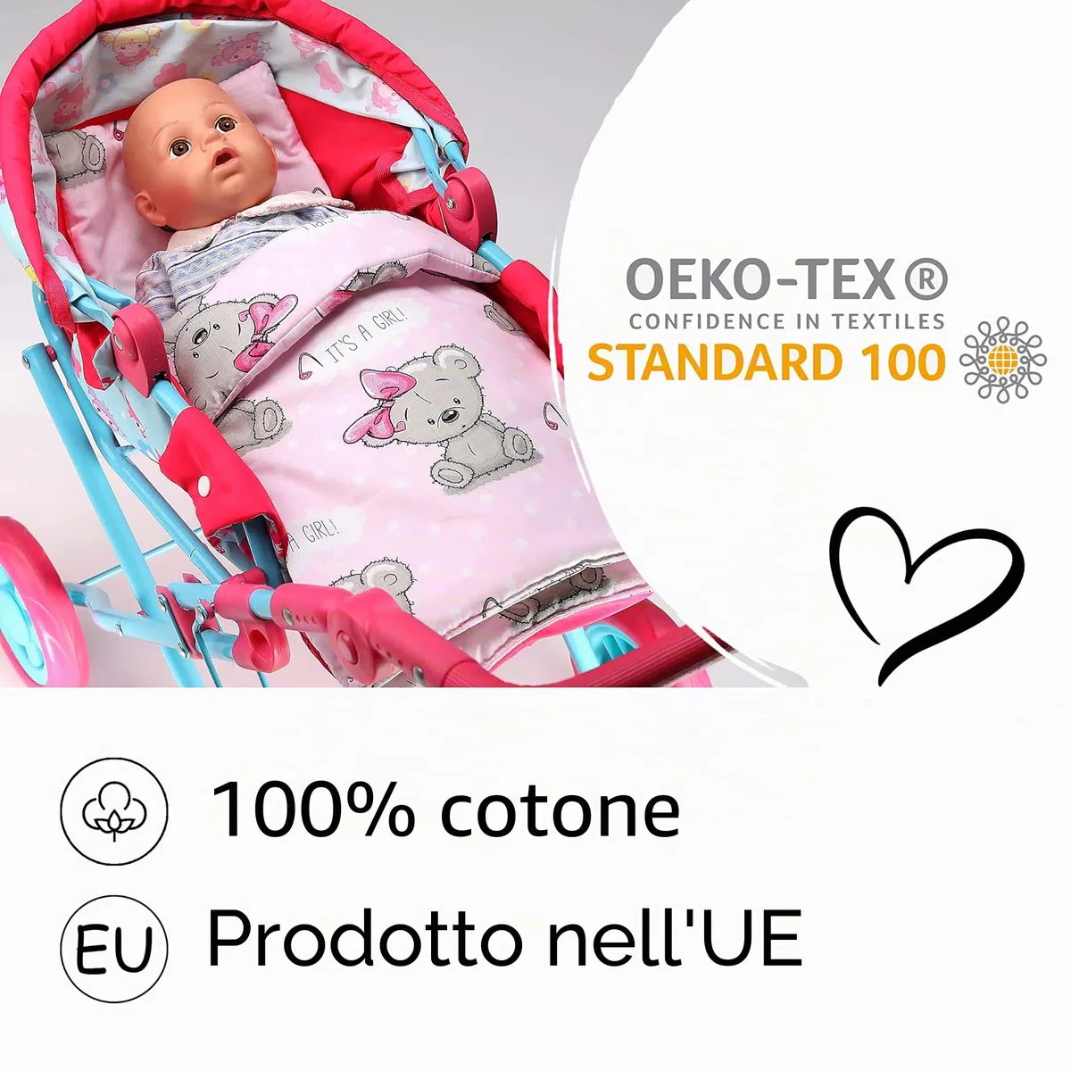 PinkZebra Set di 3 pezzi di biancheria da letto per bambole, coperta + cuscino + materasso, fino a 43 cm, per carrozzina di bambola, per letto di bambola, It's A Girl