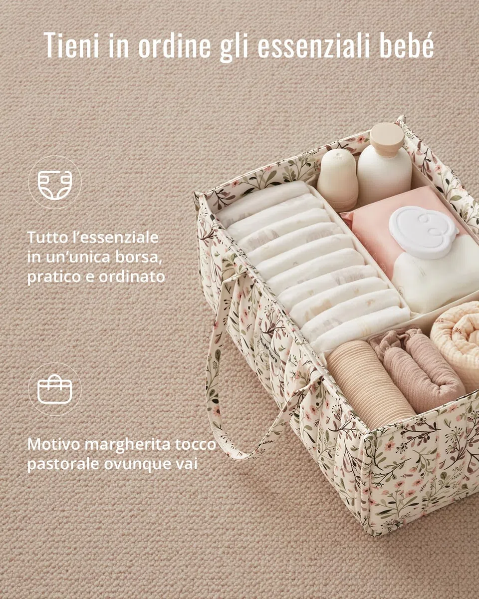 Blissful Diary Organizer per pannolini, Organizer Fasciatoio, Cesto Prodotti Neonato, Cestino di Archiviazione Elegante per Necessità Neonatali e Stazione per Luiers, Margherita Pastorale