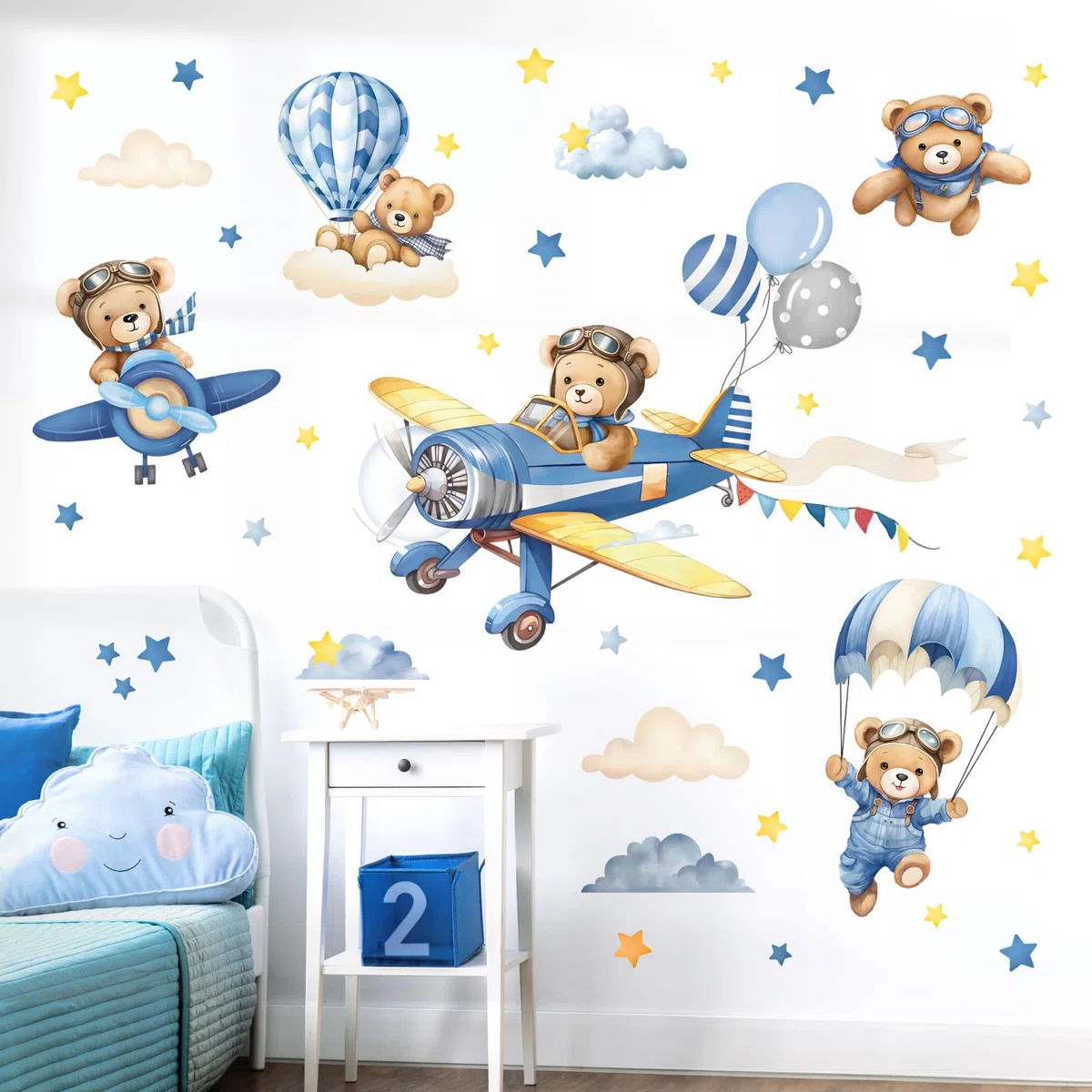 decalmile Adesivi Murali Bambini Aereo Animale Orso Adesivi da Parete Mongolfiera Orso Nuvole Decorazione Murale Camera Bambini Camerette Asilo Nido