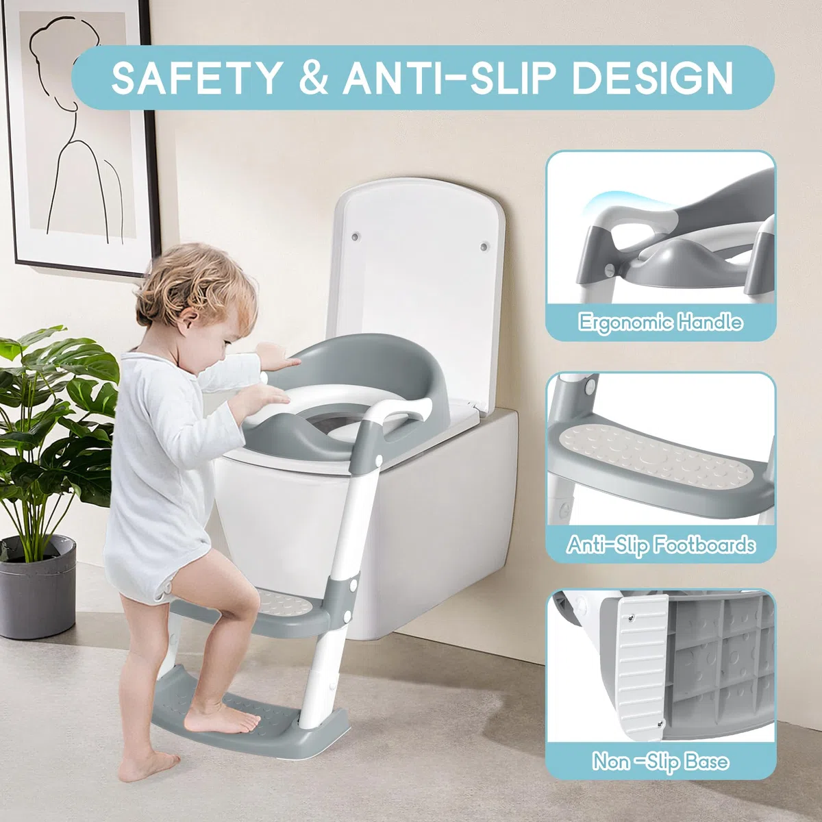 COOSEYA riduttore wc bambini con gradini, sedile per wc bambino Richiudibile Paraspruzzi antiscivolo Imbottitura morbida Maniglie di sicurezza (grigio)