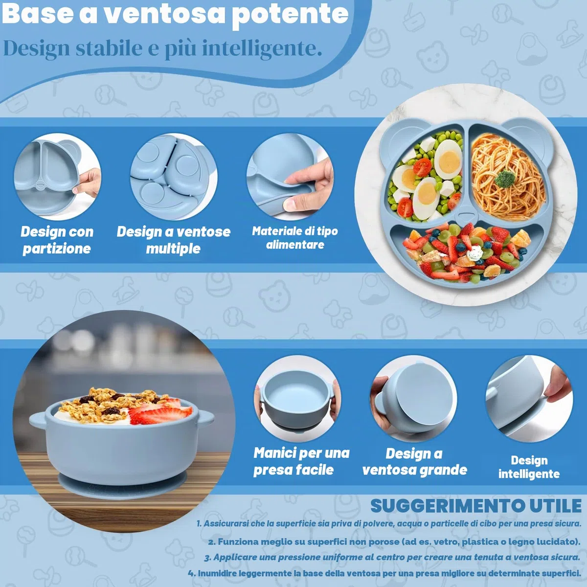 Set Pappa Svezzamento, 11 Pezzi Svezzamento Set Silicone Piatto per Bambini con Ventosa Ciotola Cucchiaio Tazza Bavaglino,Training Esercitarsi A Mangiare Da Soli, Set di Posate,Senza BPA(Blu)