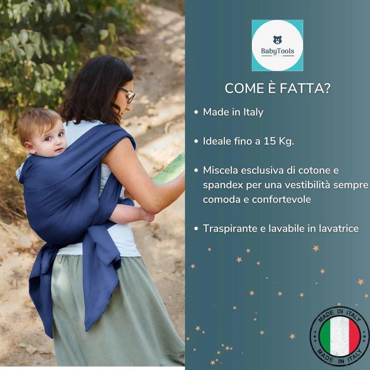 Fascia Neonato (100% Made In Italy) Con 2 BAVAGLINI INCLUSI, Fascia Porta Bebe In Cotone Organico, Fascia Neonato Porta Bebe In Tessuto Morbido, Leggero, Traspirante, Adatta Fino A 15 Kg