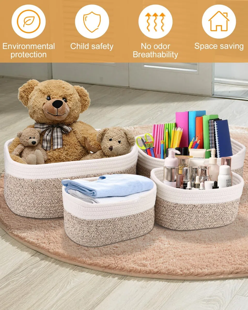 Set di 4 Birshe Cestini Portaoggetti per Bambini, Multiuso in Cotone e Corda di Cotone, Impilabili