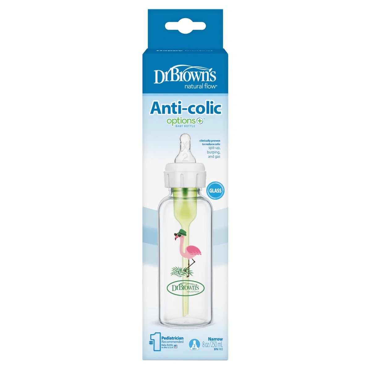 Dr Browns - Biberon in vetro a collo stretto con fenicottero, con tettarella L2, capacità 250 ml