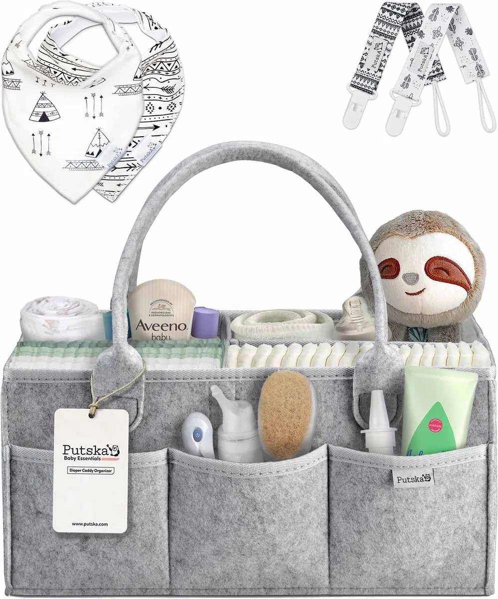PUTSKA Organizzatore pannolini bebè - Cestino in feltro portatile con scomparti regolabili, borsa fasciatoio pieghevole per passeggino, organizza fasciatoio e cassettiera - Grigio, 100% cotone bio