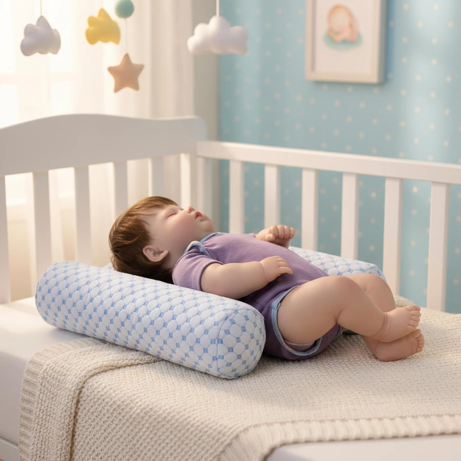 Cuscino antirollio per bambino Cuscino reflusso lavabile e rimovibile con zeppa regolabile e traspirante per neonati Blu