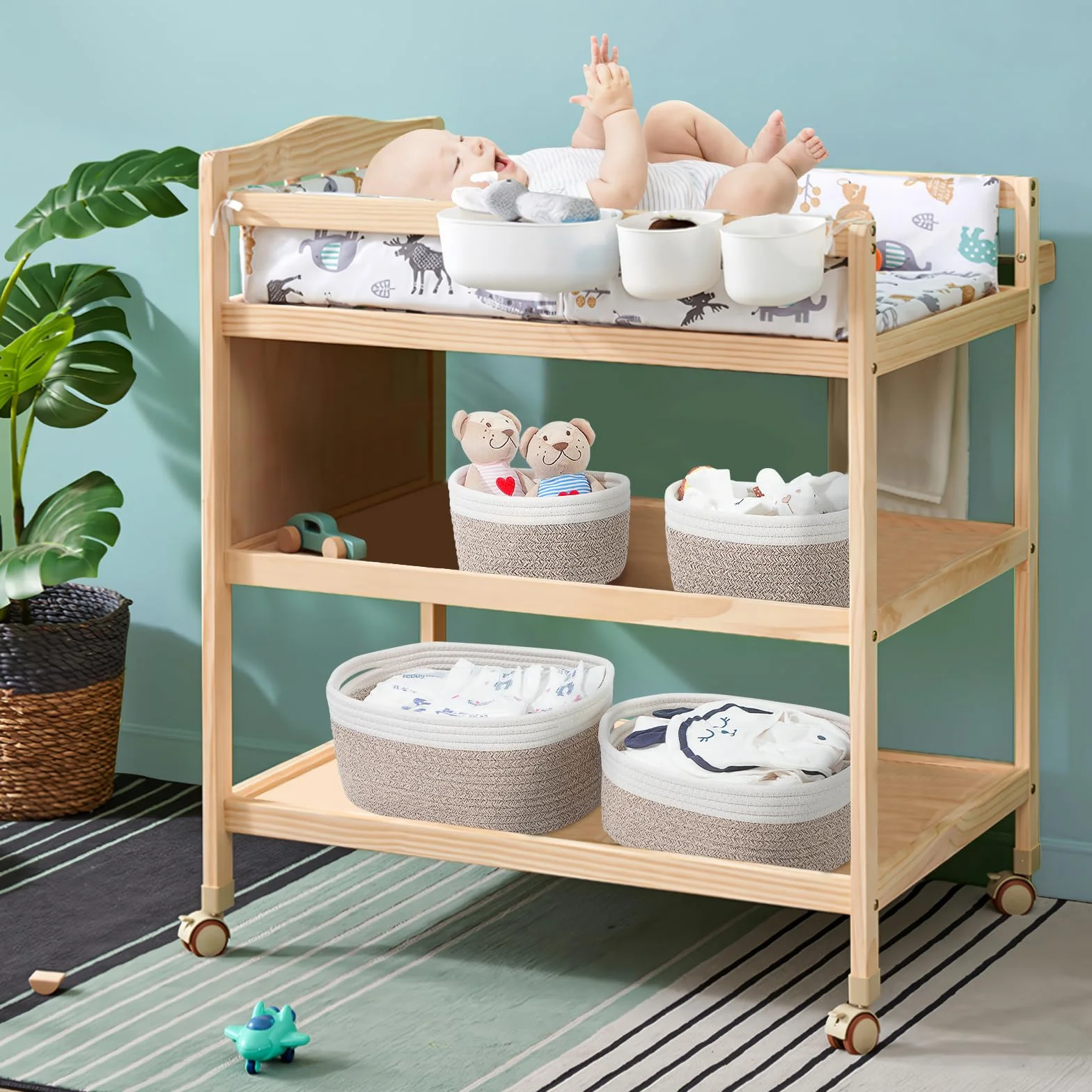 HDRNT Set di 4 cestini portaoggetti intrecciati in corda di cotone, cestino con manico, portaoggetti impilabili, cestini e contenitori per la cameretta dei bambini, organizer da bagno