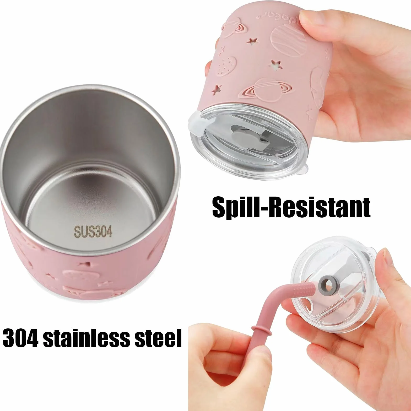 PandaEar Set Pappa Inox per Bambini | 2 Piatti con Ventosa Divisi, 2 Bicchieri Antigoccia con Cannuccia e Rivestimento in Silicone, 2 Forchette e 2 Cucchiai | Senza BPA (Rosa)