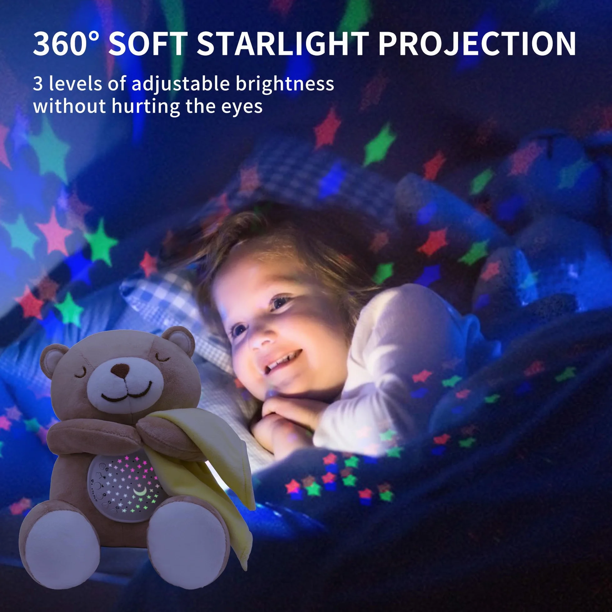 APUNOL Carillon Neonati, Peluche per Nanna, Luce Notturna Bambini Ricaricabile USB Regalo Neonate Giocattolo Teddy con Sensore di Pianto, Proiettore Stele e Rumori Bianchi