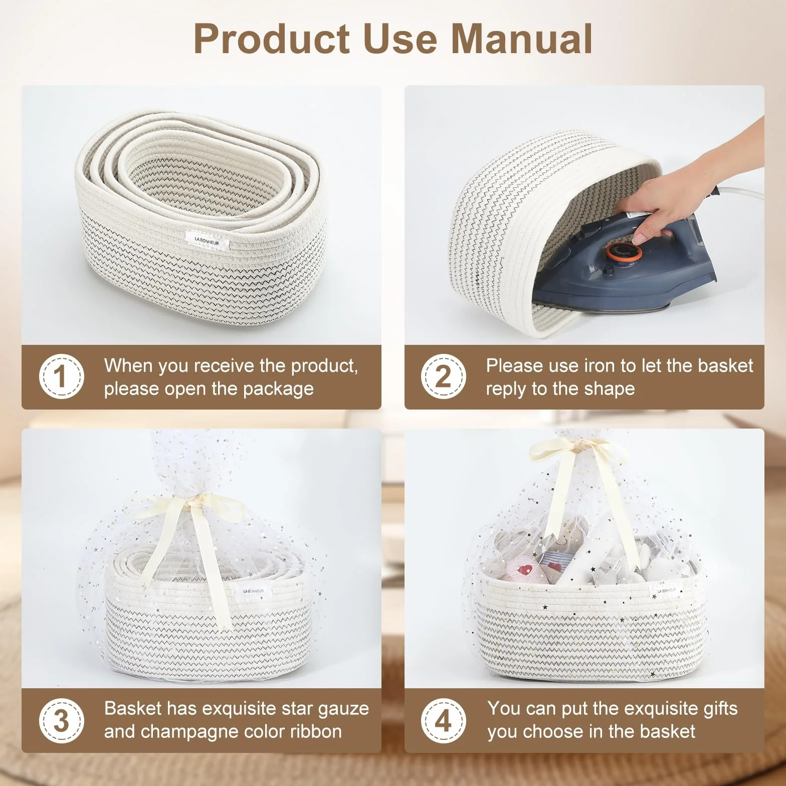 LA BONHEUR Cesto portaoggetti in corda di cotone intrecciato, 4 pezzi, per il bagno, fasciatoio, organizer per neonati,