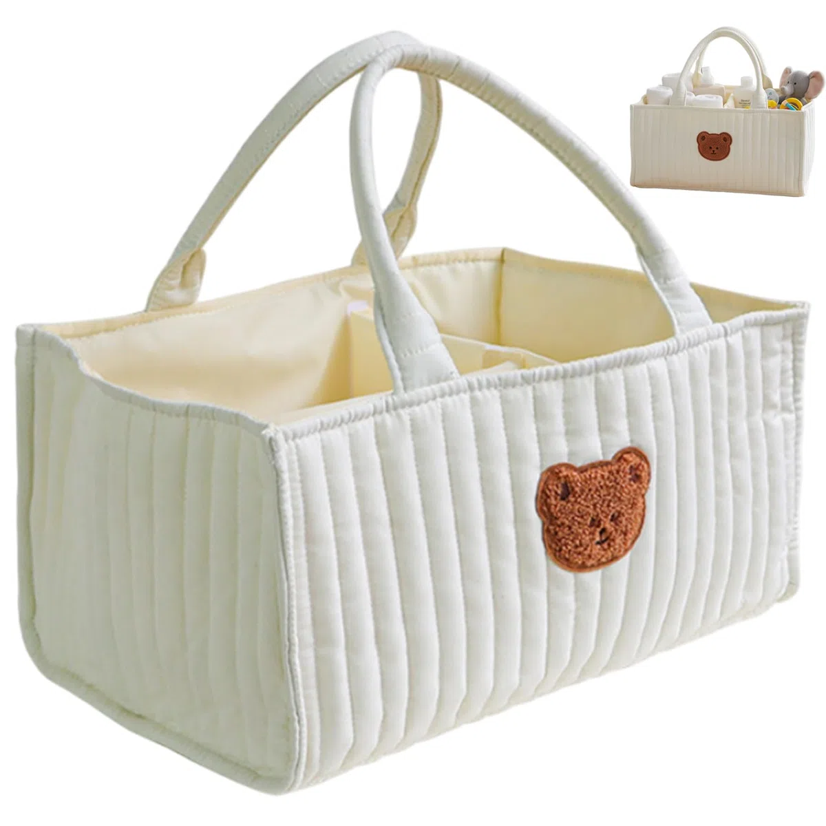 Portapannolini, Cestino trapuntato portatile con divisori rimovibili e maniglie per la cameretta, Cestino portaoggetti per pannolini, salviette, giocattoli, articoli essenziali per il bambino, bianco