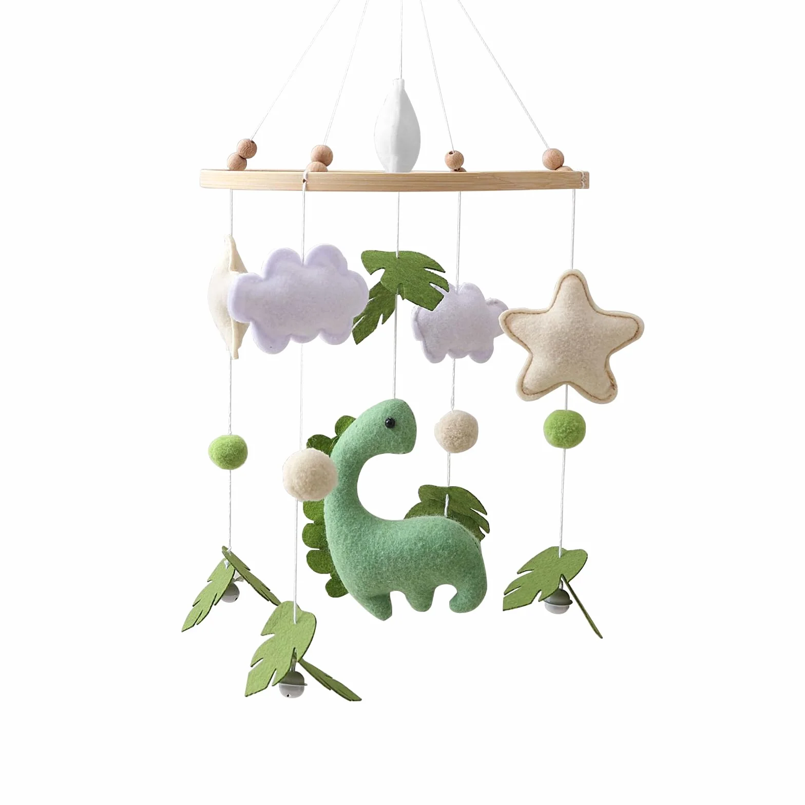 Giostrina Culla Neonato in Legno, con Feltro Dinosauri, Foglie, Nuvole e Stelle, Giostrina Neonato con Campanellino, Decorazioni per Cameretta, Regalo per Bambine o Bambini