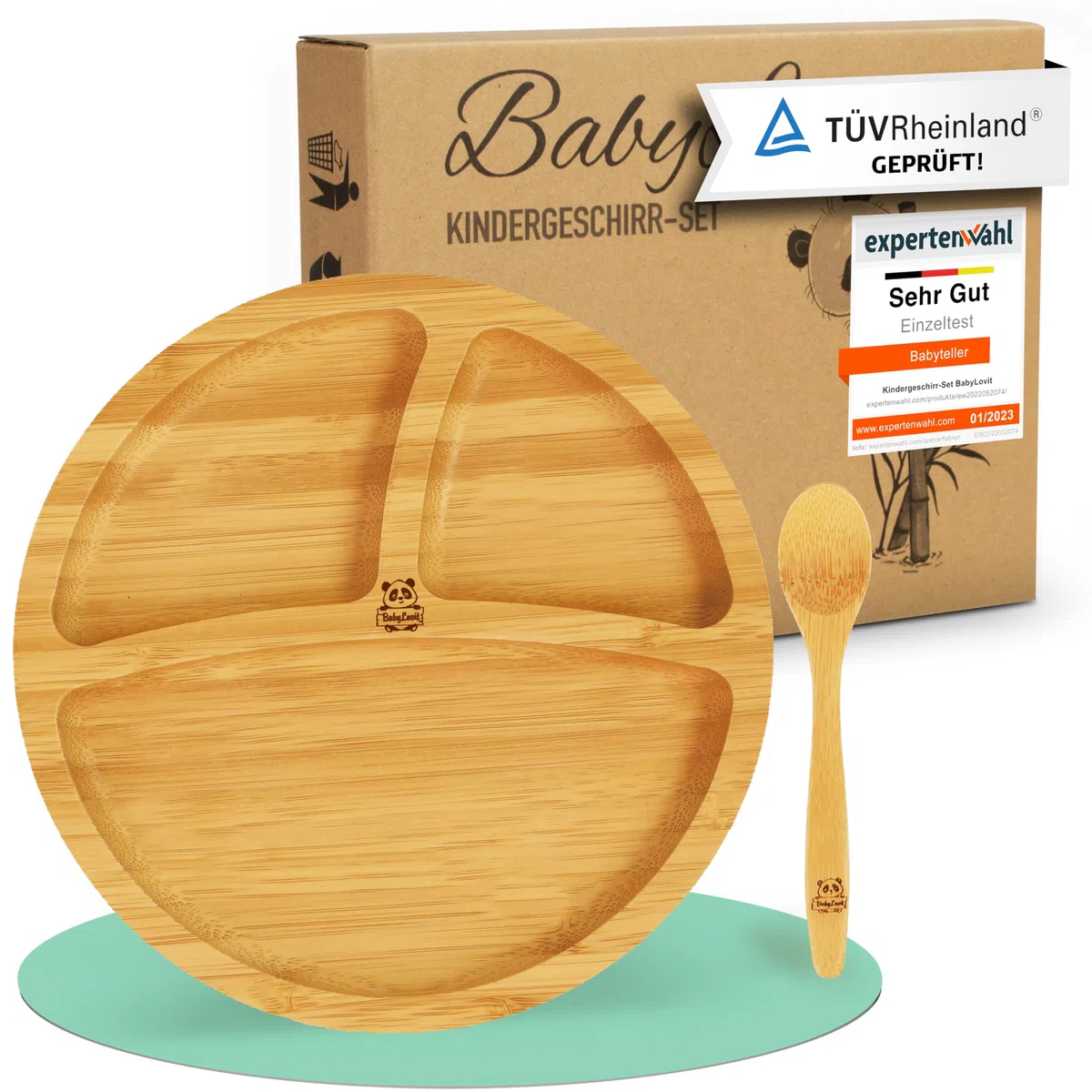 Piatto per bambini in bambù, testato TÜV, con ventosa e posate per imparare a mangiare, accessorio per alimenti BLW, cucchiaio per bambini in melamina e senza BPA, piatto per bambini con