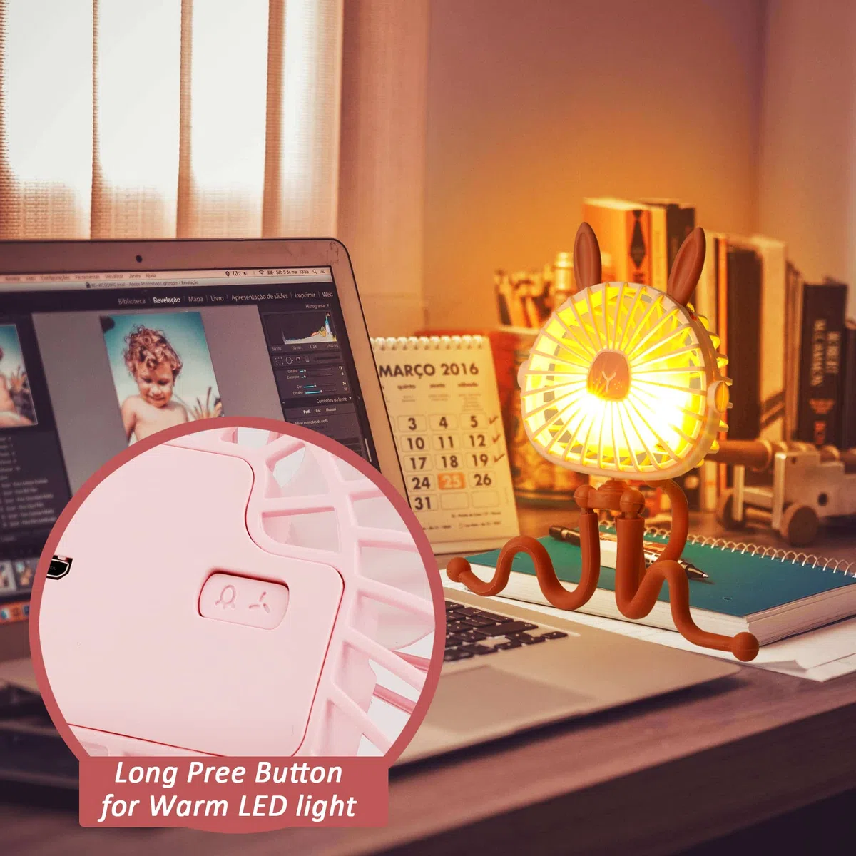 Ventilatore per Passeggino con Orecchie da Coniglio, Ventilatore da Scrivania Personale Ricaricabile con Luce LED,Ventilatore USB con Treppiede Flessibile per Tapis Roulant Passeggino Seggiolino Auto