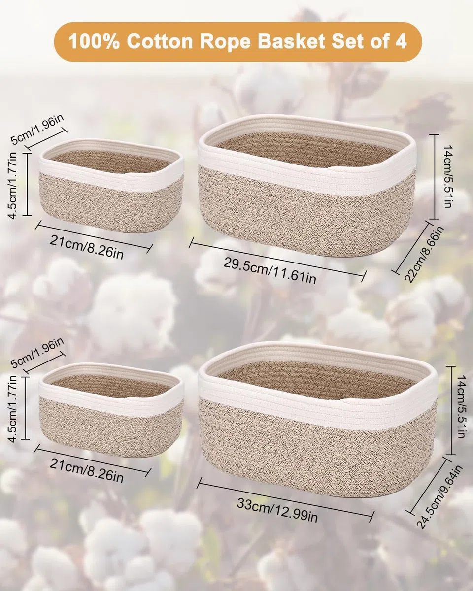 Set di 4 Birshe Cestini Portaoggetti per Bambini, Multiuso in Cotone e Corda di Cotone, Impilabili