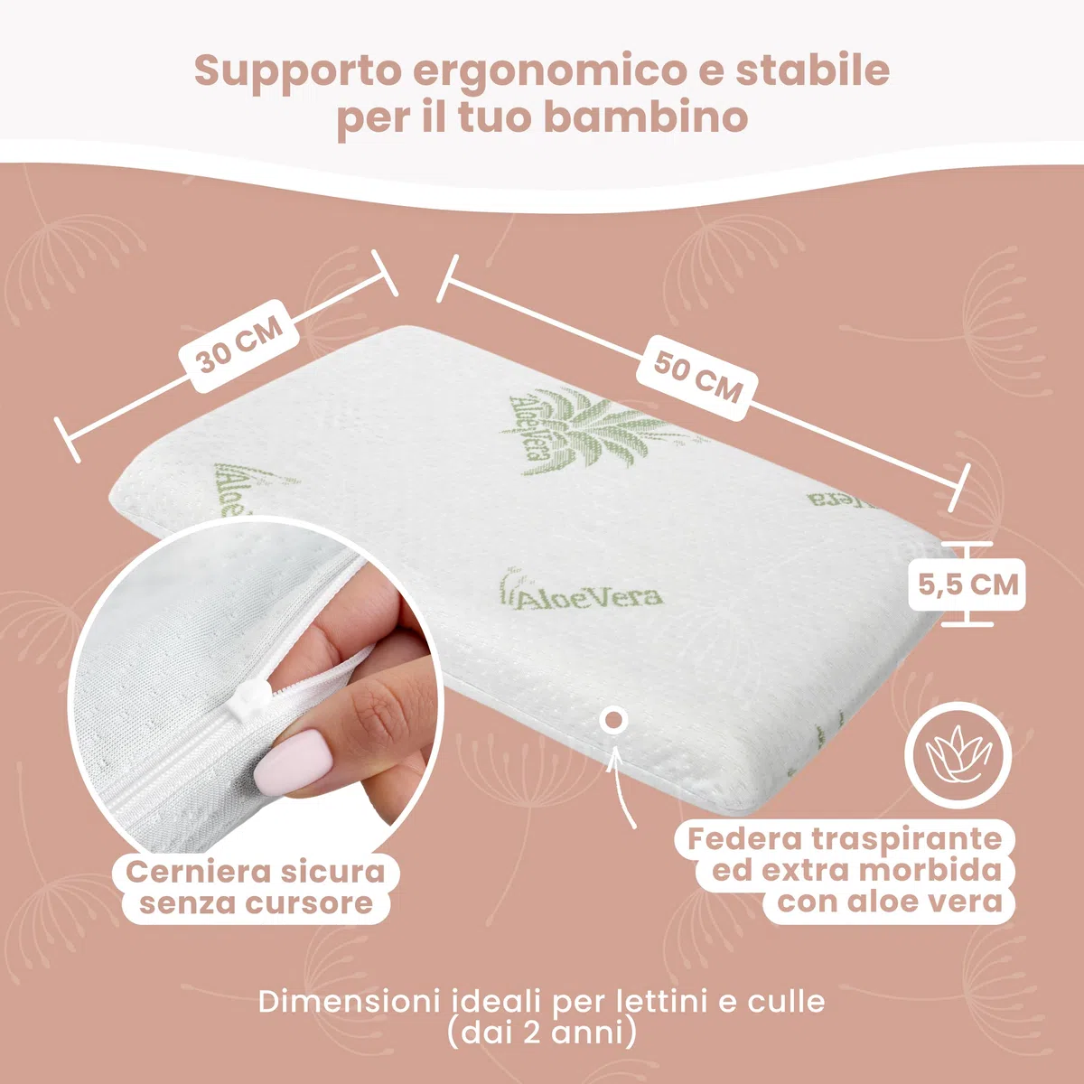 MIMUSELINA Cuscino Memory Foam Bambini 50x30x5,5 cm | Cuscino Antisoffoco Neonato in Schiuma Viscoelastica Traspirabile | Cuscini letto e Culla con Rivestimento Aloe Vera Sfoderabile e Lavabile