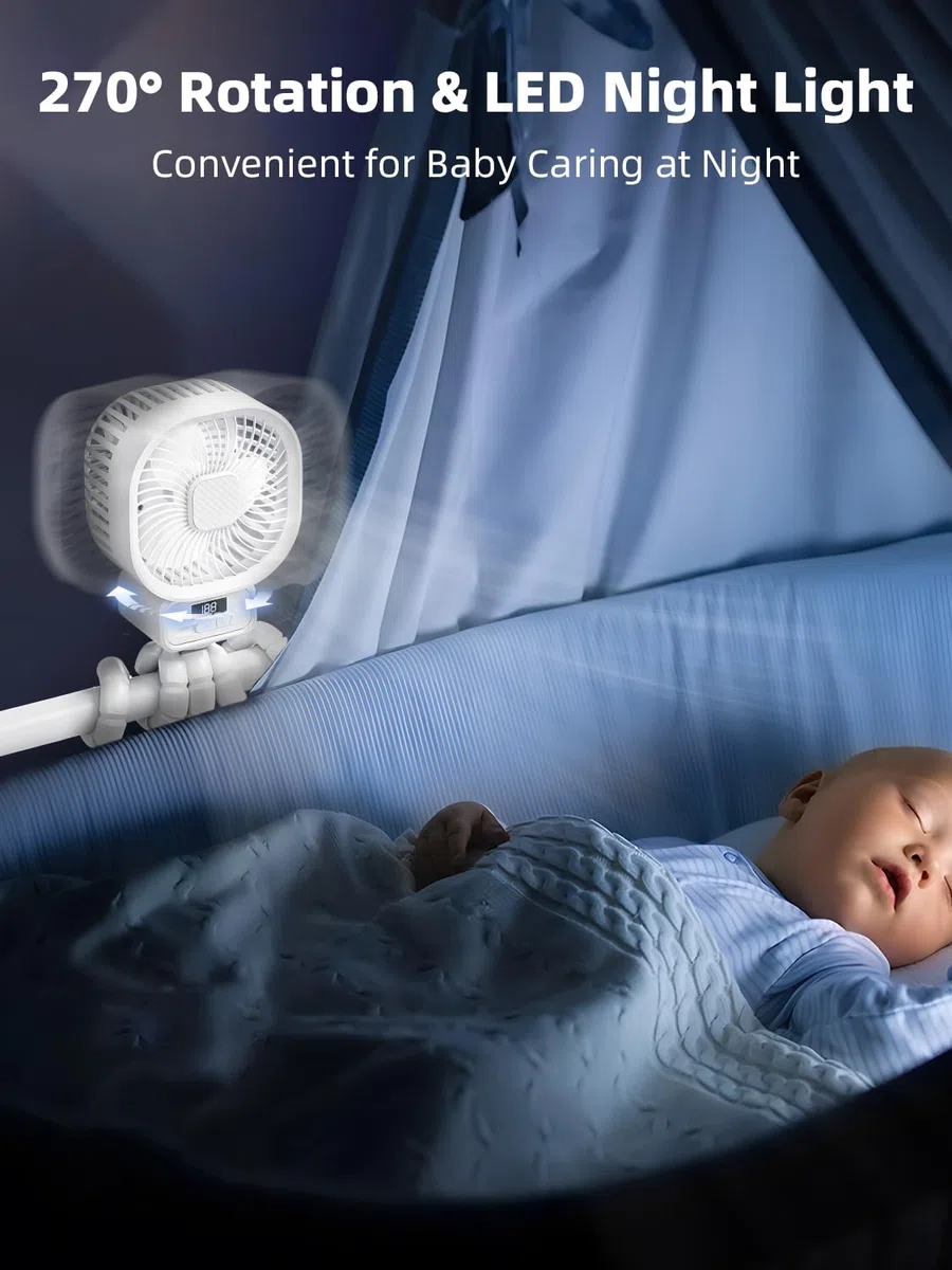 Ventilatore Portatile per Passeggino con 10000mAh, USB Ricaricabile Ventilatore da Tavolo con 3 Velocità, 270° Rotazione Ventilatore Silenzioso con Supporto Staccabile per Passeggino, Culle,Bianco
