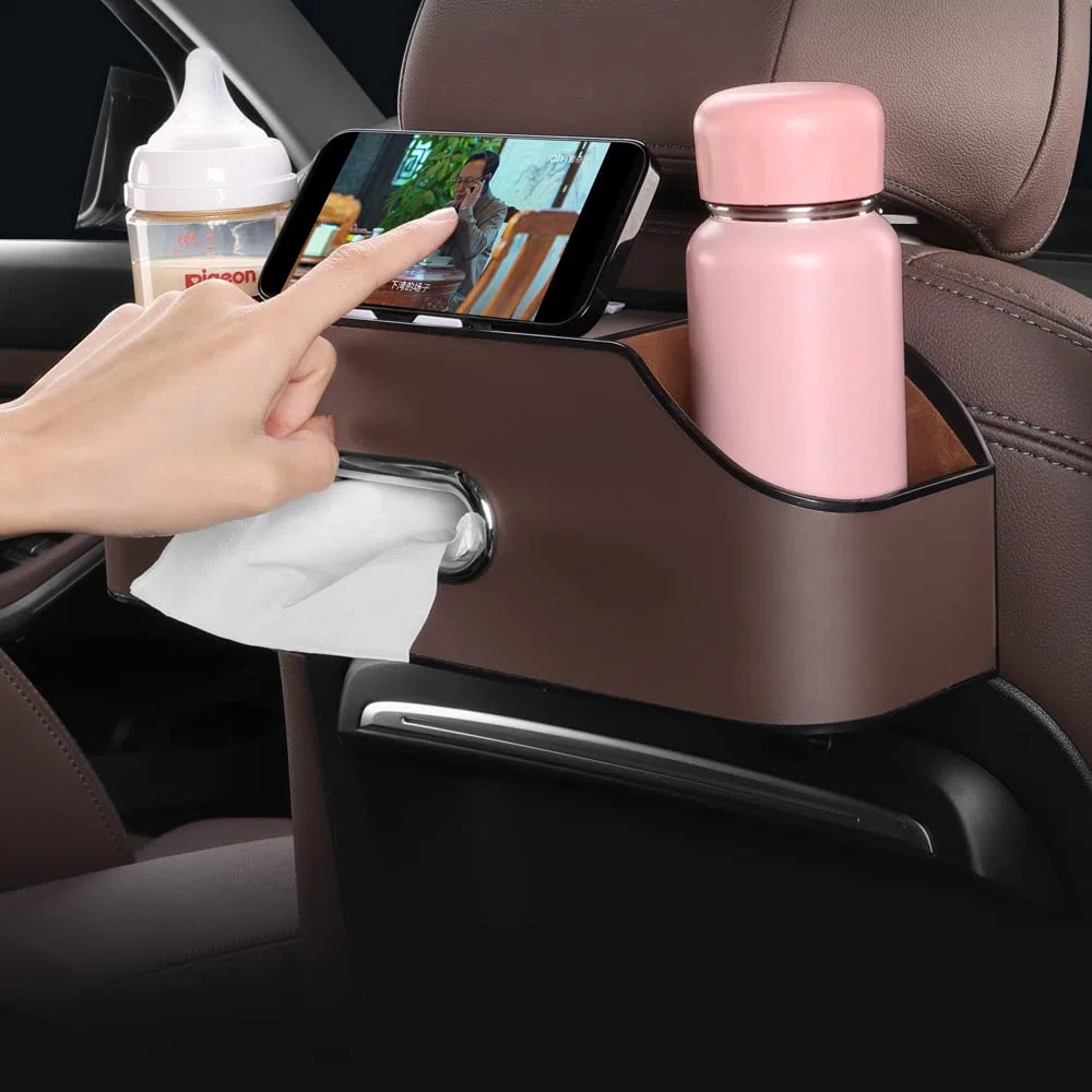 Carodi New Car Rear Seat Poggiatesta multifunzione con portabicchieri, scatola in tessuto, gancio per poggiatesta per bambini e adulti, accessori da viaggio auto (marrone)