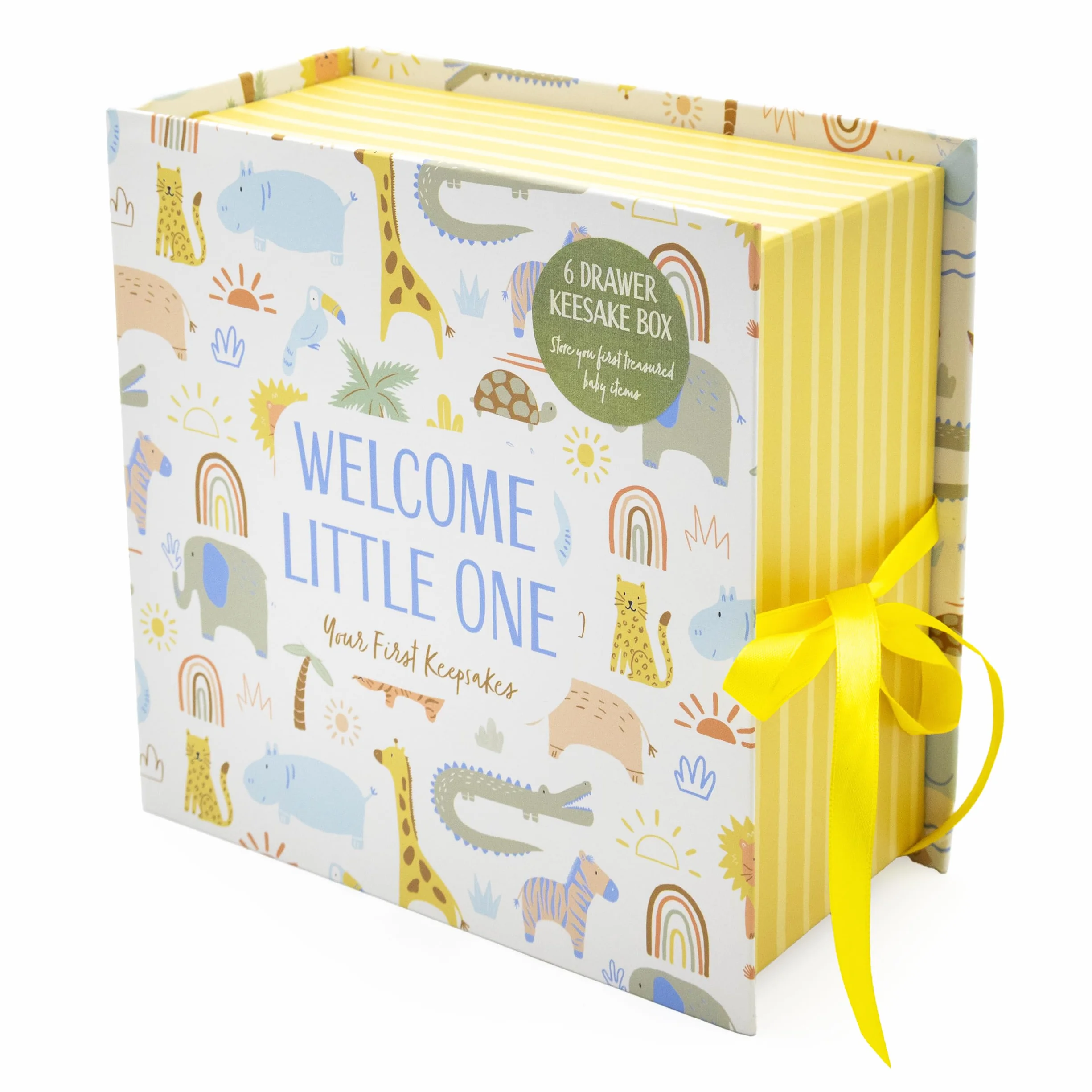 Scatola per Ricordi del Bebè con Animali della Ninna Nanna – Scatola dei Ricordi con 6 Cassetti per Mementos del Neonato – Regalo per Bambino con Chiusura a Nastro
