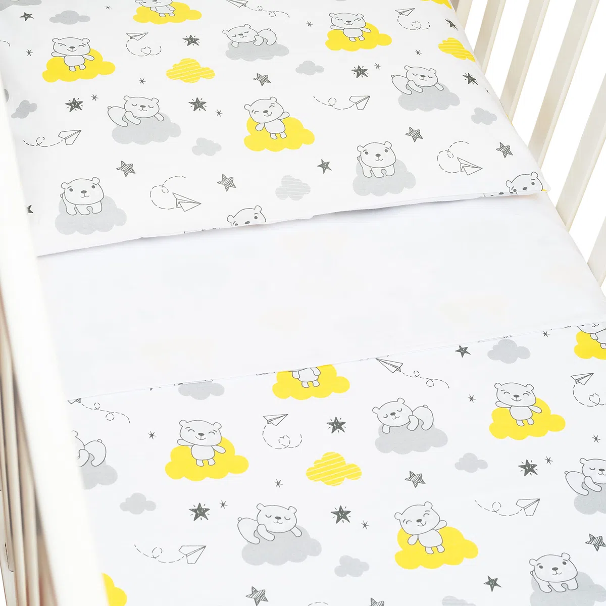 Set Lenzuola 3 Pezzi Per Lettino Neonato, 60x120 cm, 1 Lenzuolo Di Sotto Con Angoli, 1 Lenzuolo Di Sopra Copripiumino/Sacco, 1 Federa Cuscino, 100% Cotone, Nuvole