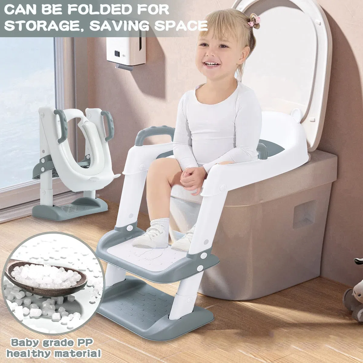 Riduttore WC per Bambini, Water con Scaletta, PU Morbida Seduta Imbottita, Pieghevole, Antiscivolo, Adatto per Tazze a V, U Oppure O