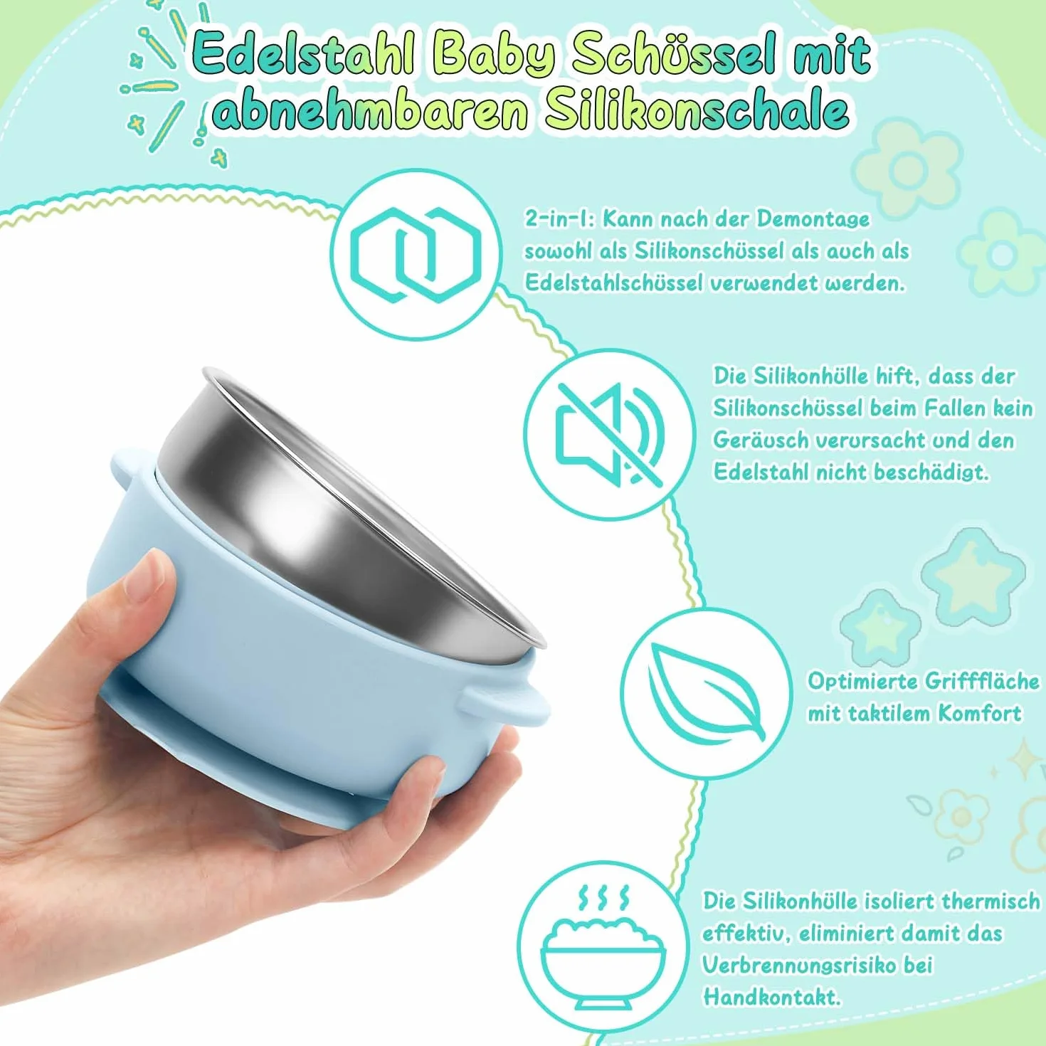 3 ciotole in acciaio inox con ventosa e coperchio, in acciaio inox, per bambini, antiscivolo, per porridge e snack, senza BPA, lavabile in lavastoviglie