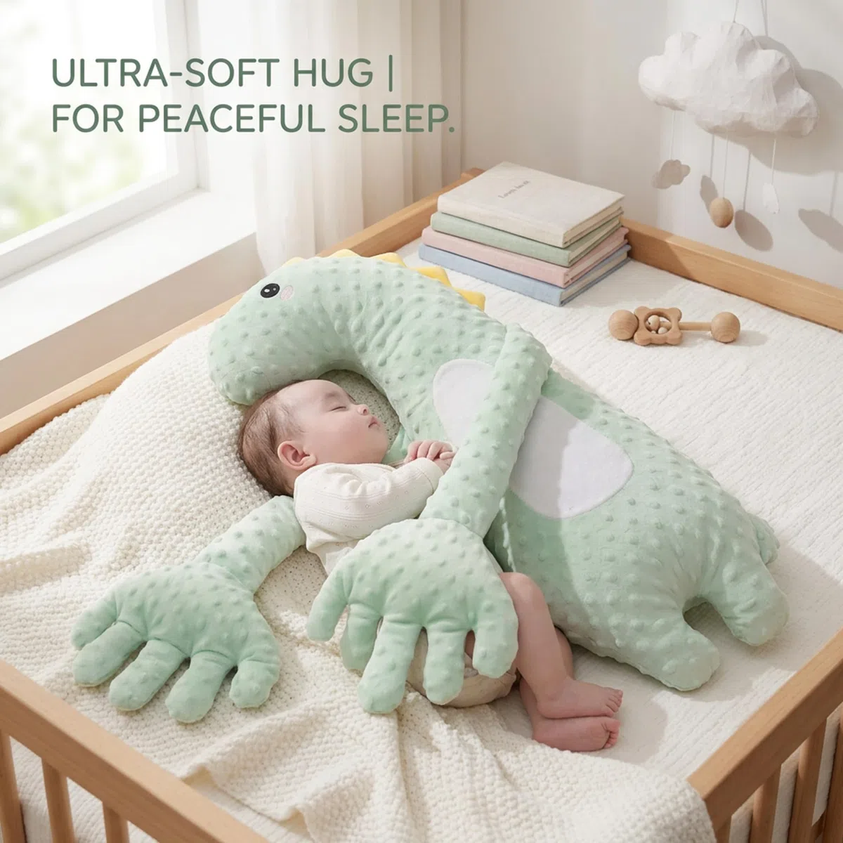 Accarezza la mano per il sonno del bambino Dinosauro verde Cuscino che accarezza il bambino Cuscino lenitivo intelligente con tocco delicato e timer Aiuto per sonno portatile dei neonati