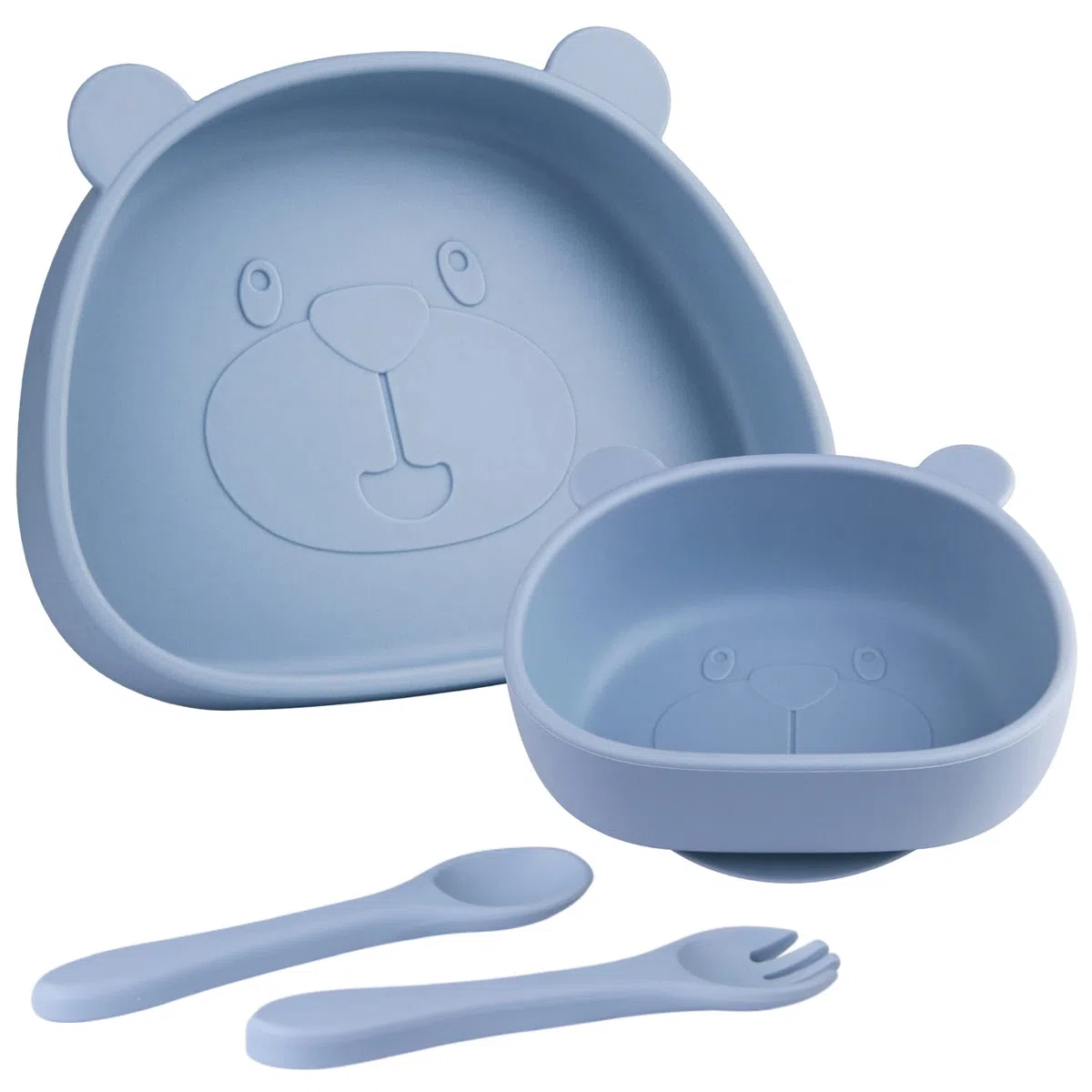 Piatto con Ventosa per Bambini in Silicone,4 Pezzi Piastra Ciotola per Neonati con Cucchiaio e Forchetta,Set Pappa Svezzamento Bambini,100% senza BPA,lavastoviglie e cassaforte a microonde,Blu