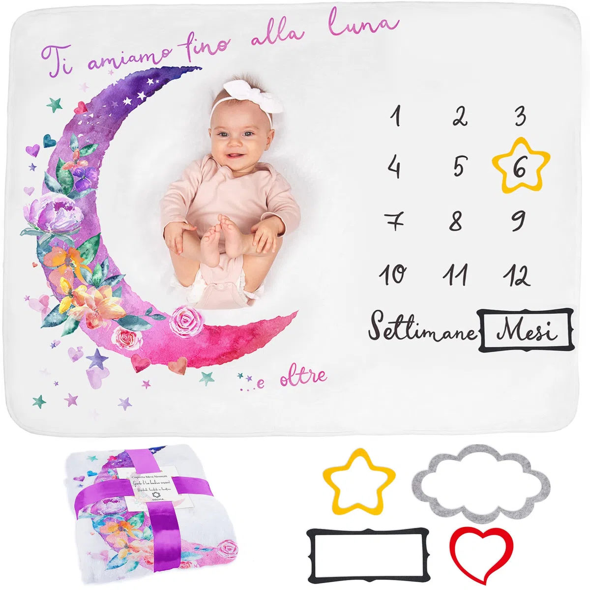 ODOXIA Coperta Mesi Neonato In Italiano | Tappeto Per Maschio O Femmina, Unisex | Luna E Fiori | Copertina Regalo Baby Shower Personalizzato Per Neomamme | Incluse Cornici