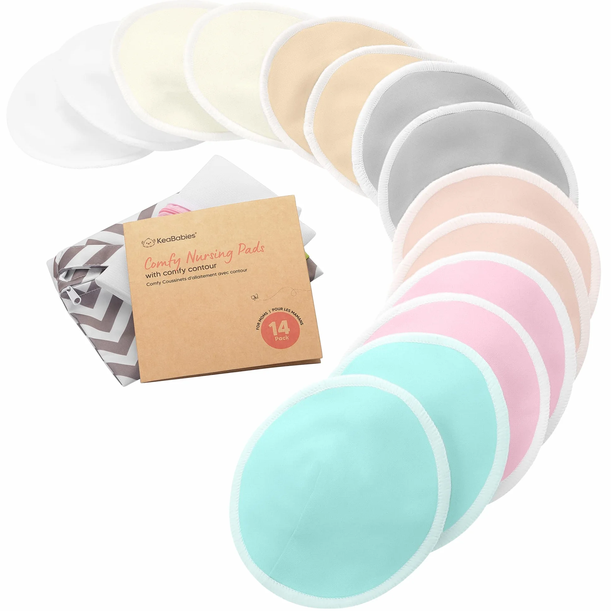Assorbilatte di Bambù Organico - 14 Cuscinetti Lavabili+ Borsa da Bagno - Cuscinetto per Capezzolo per Allattamento in Maternità (Pastel Touch, Grandi 12cm)