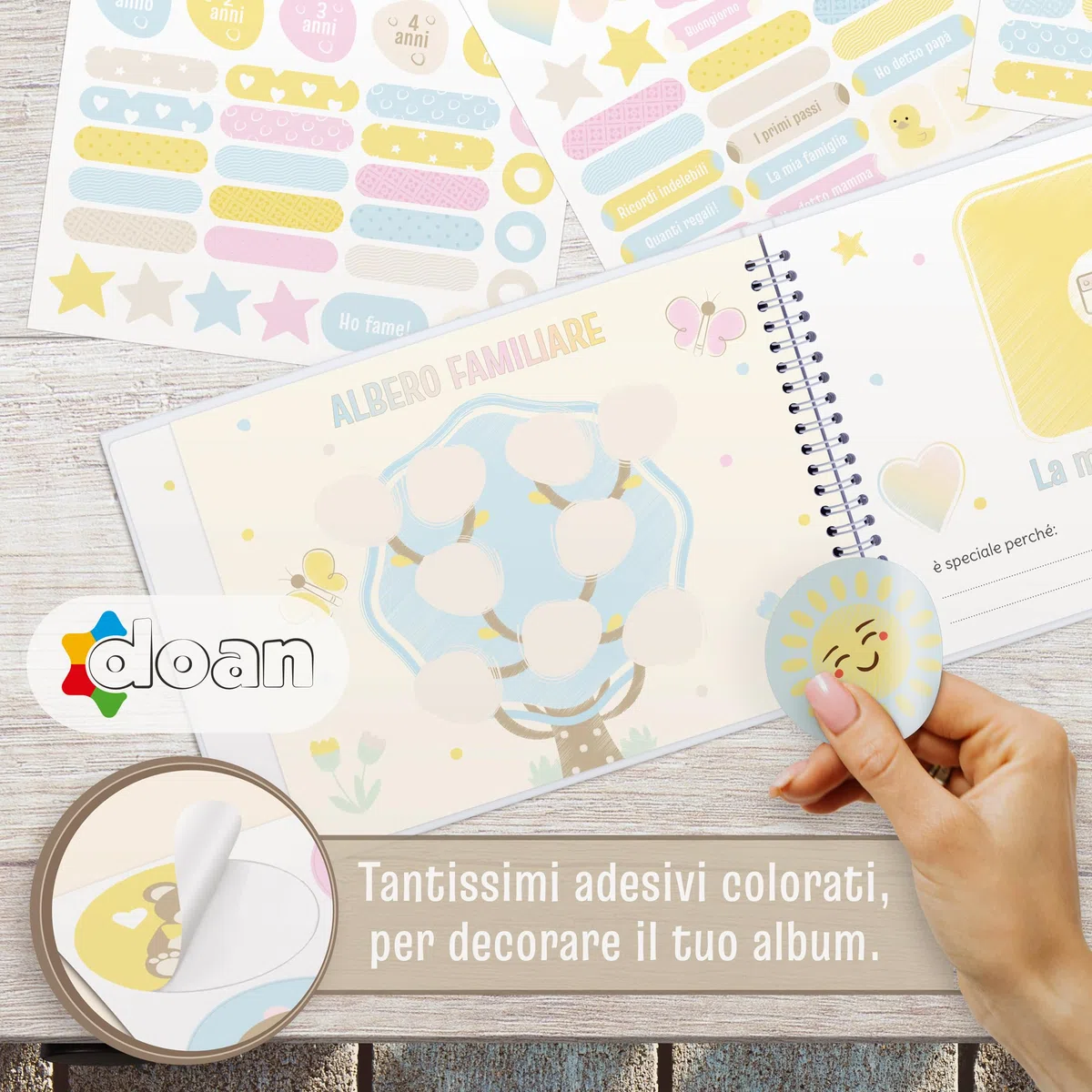 Doan Album Nascita Bambina e Bambino con 60 Pagine e Tanti Adesivi Divertenti e Colorati - Libro dei Ricordi Neonato Ideale per Regalo Nascita Bimba e Bimbo