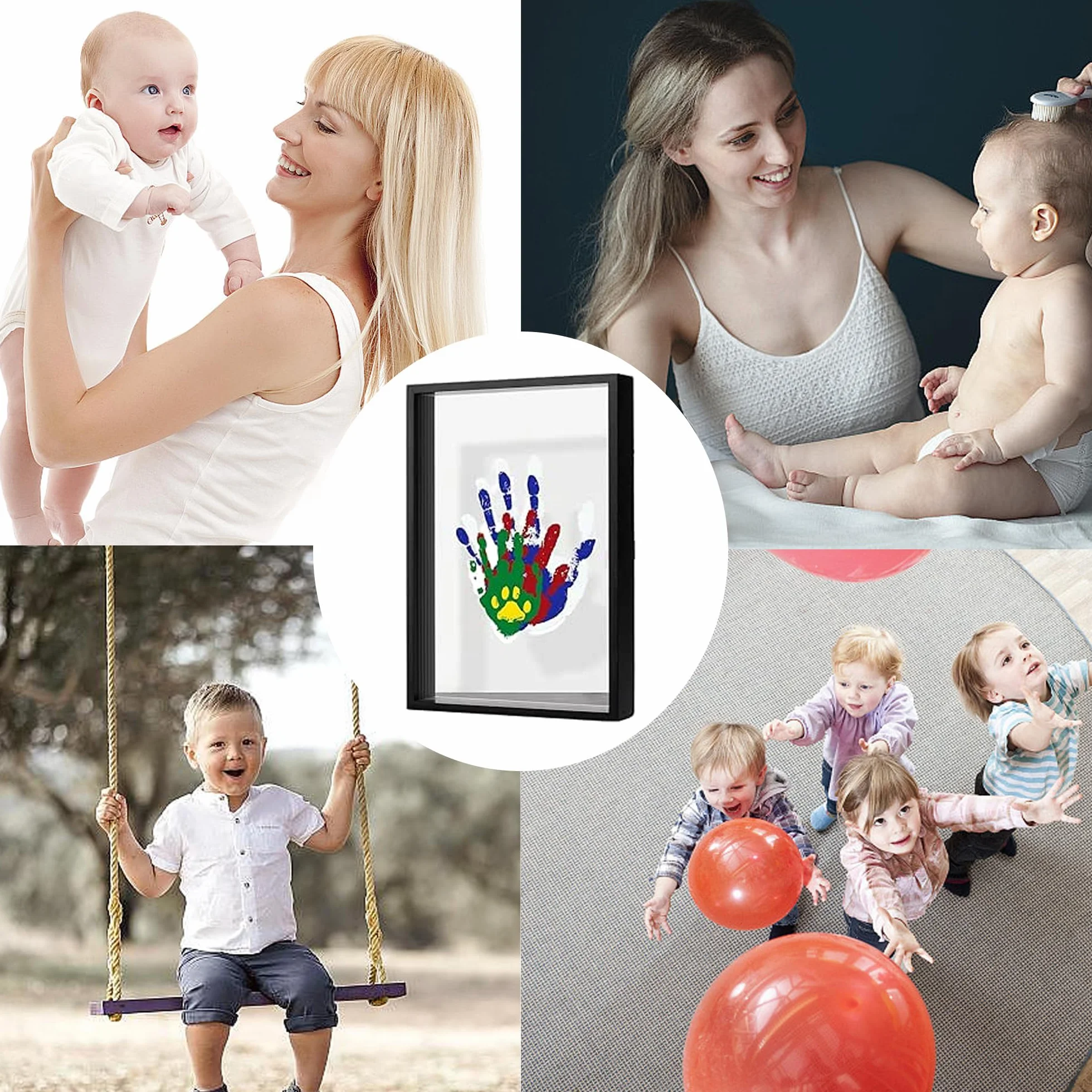 QSLKI Kit di Impronte di Mani per Famiglia, Nero, Cornice Impronta Mani e Piedi Neonati con Spazio, Kit di Impronte Delle Mani dei Membri Della Famiglia, 4 Deflettori, 6 Vernici, Stampa di Zampe